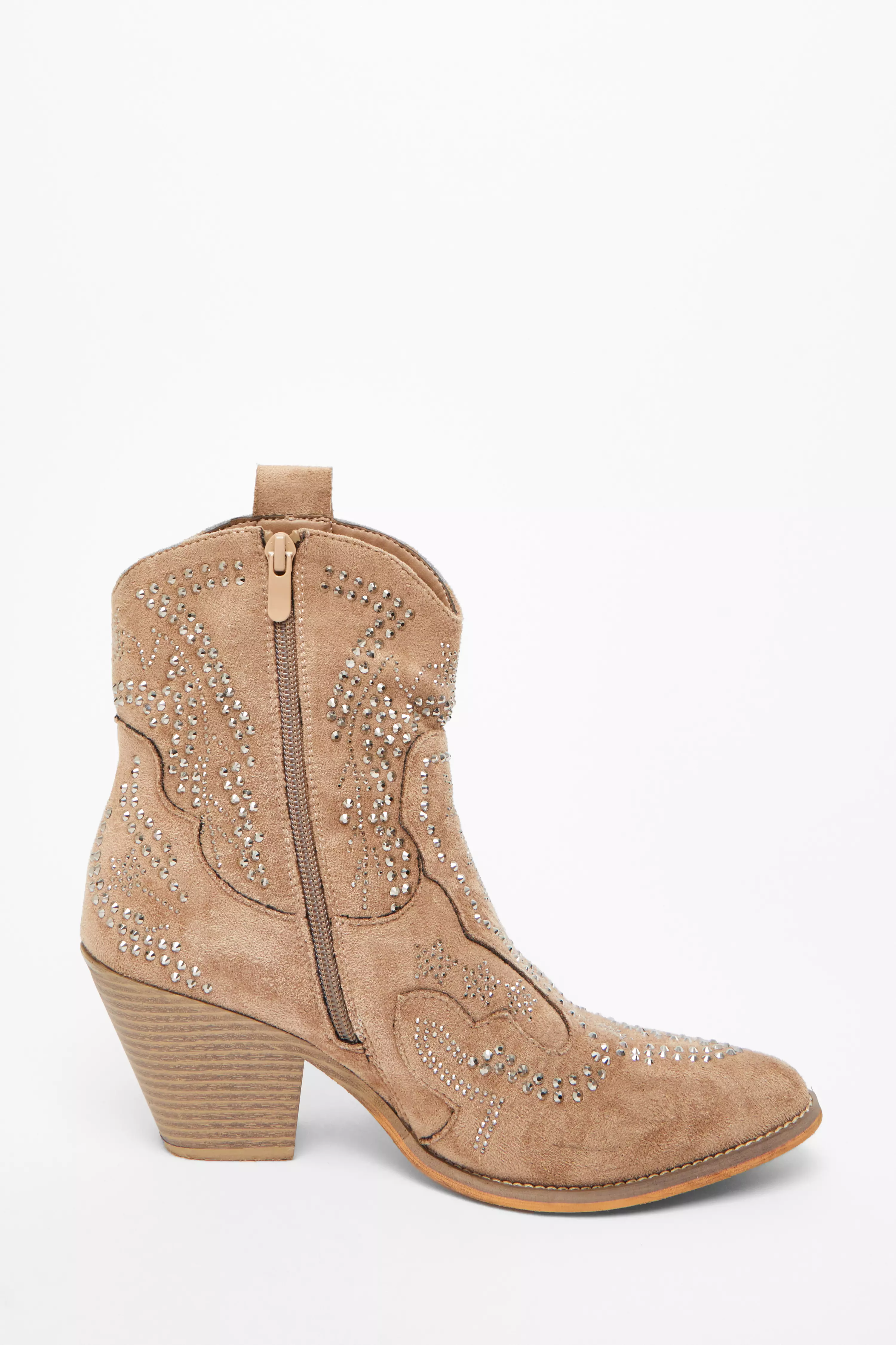 Taupe Embellished Western Ankle Boots