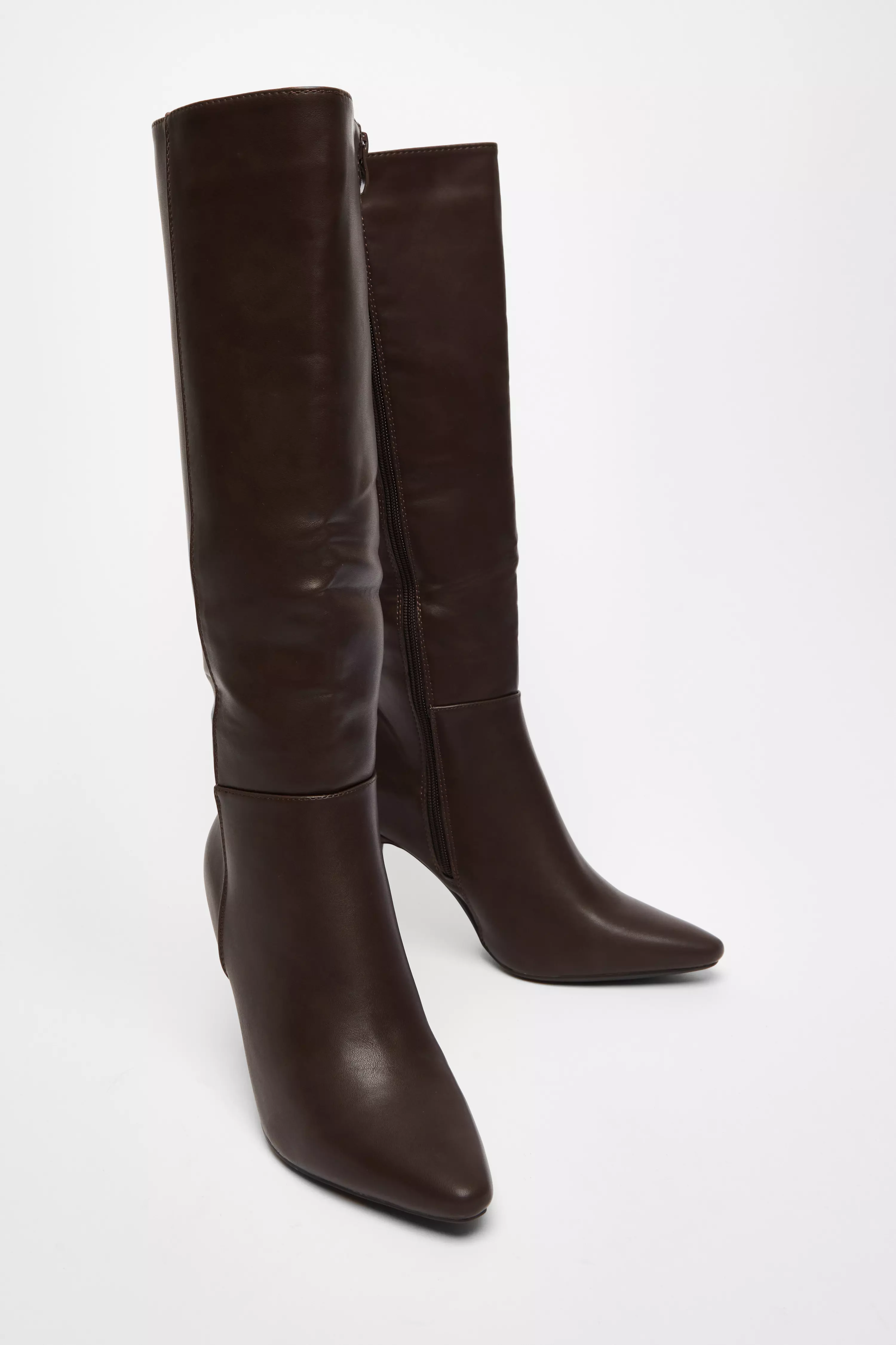 Brown Faux Leather Knee High Boots