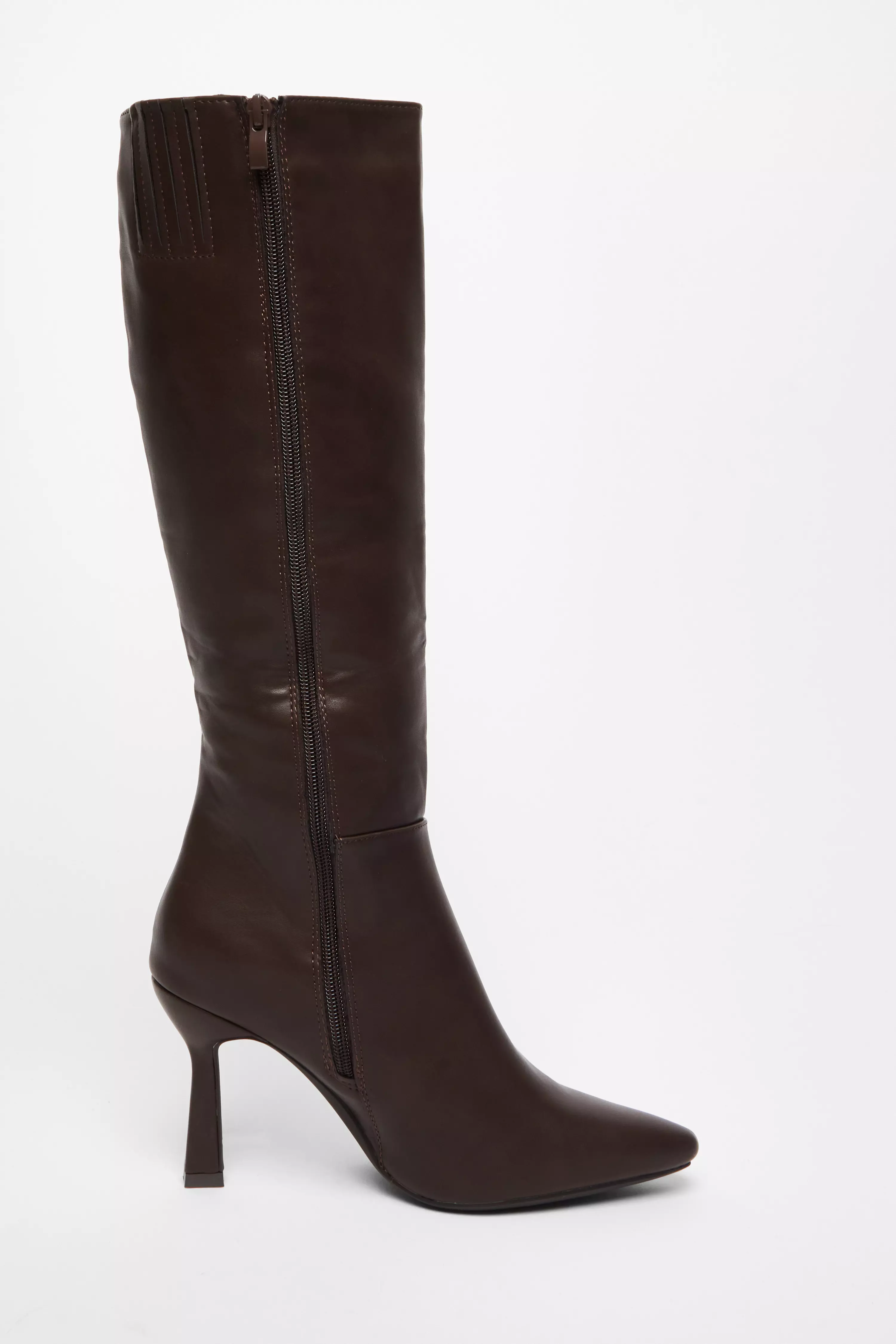 Brown Faux Leather Knee High Boots