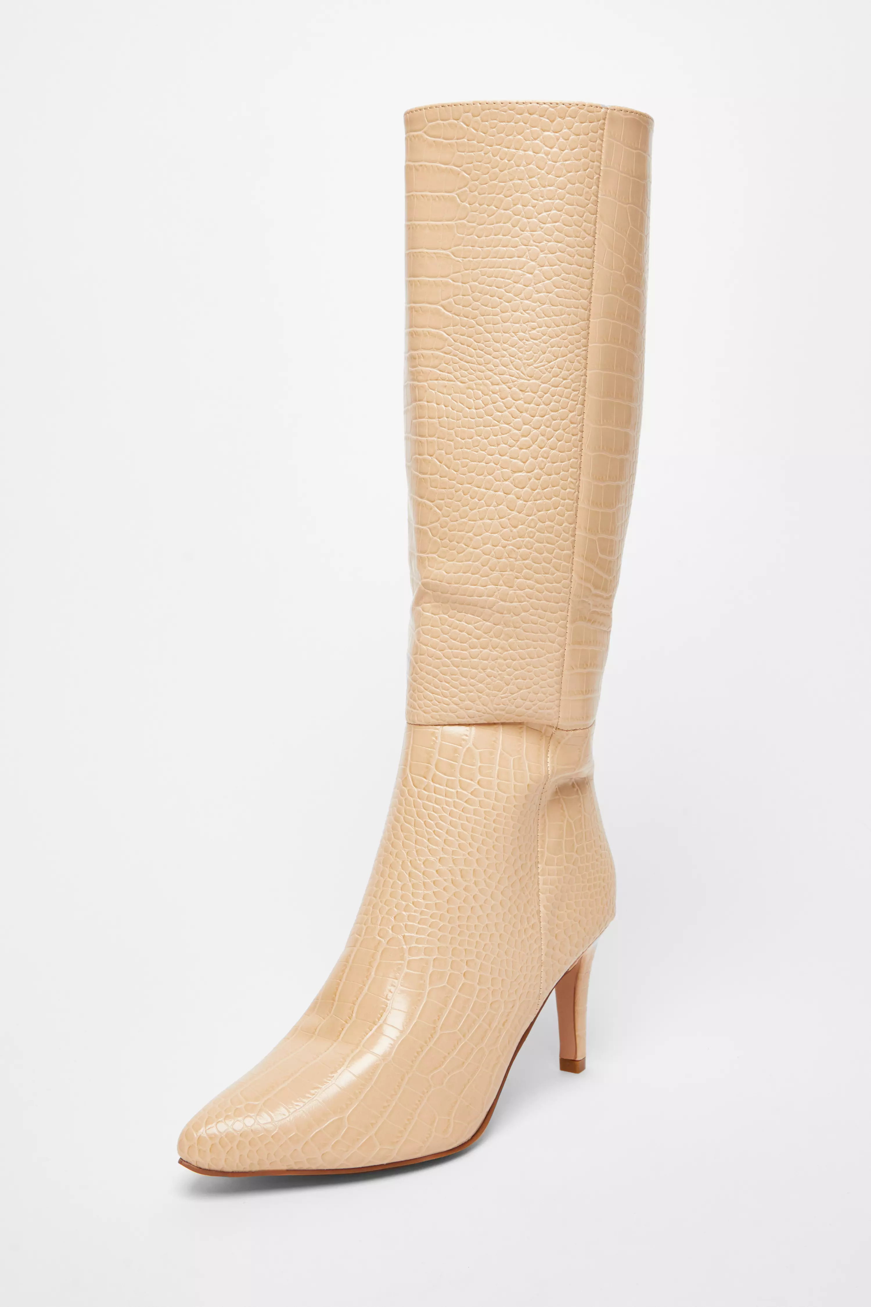 Beige Faux Leather Knee High Boots