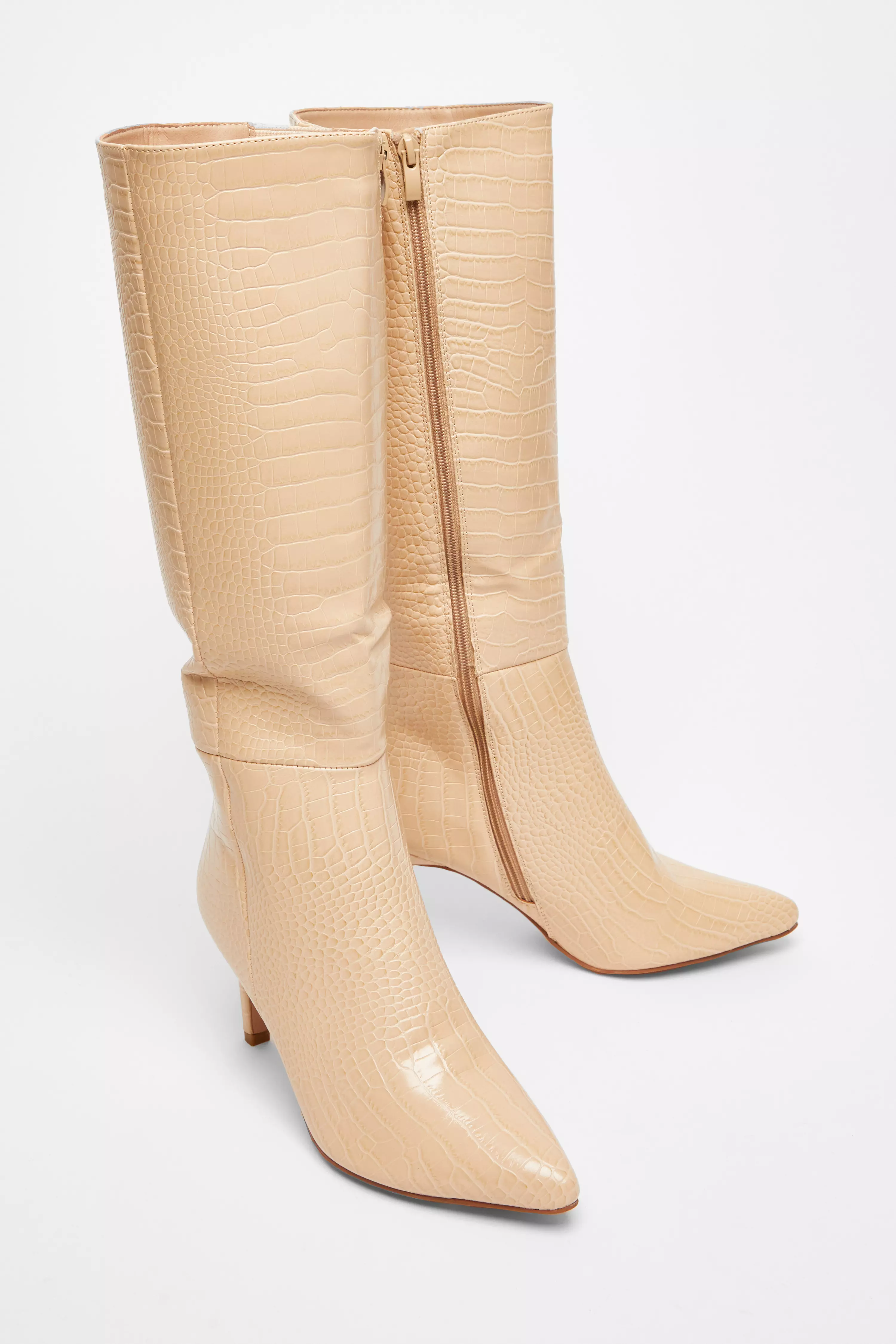 Beige Faux Leather Knee High Boots