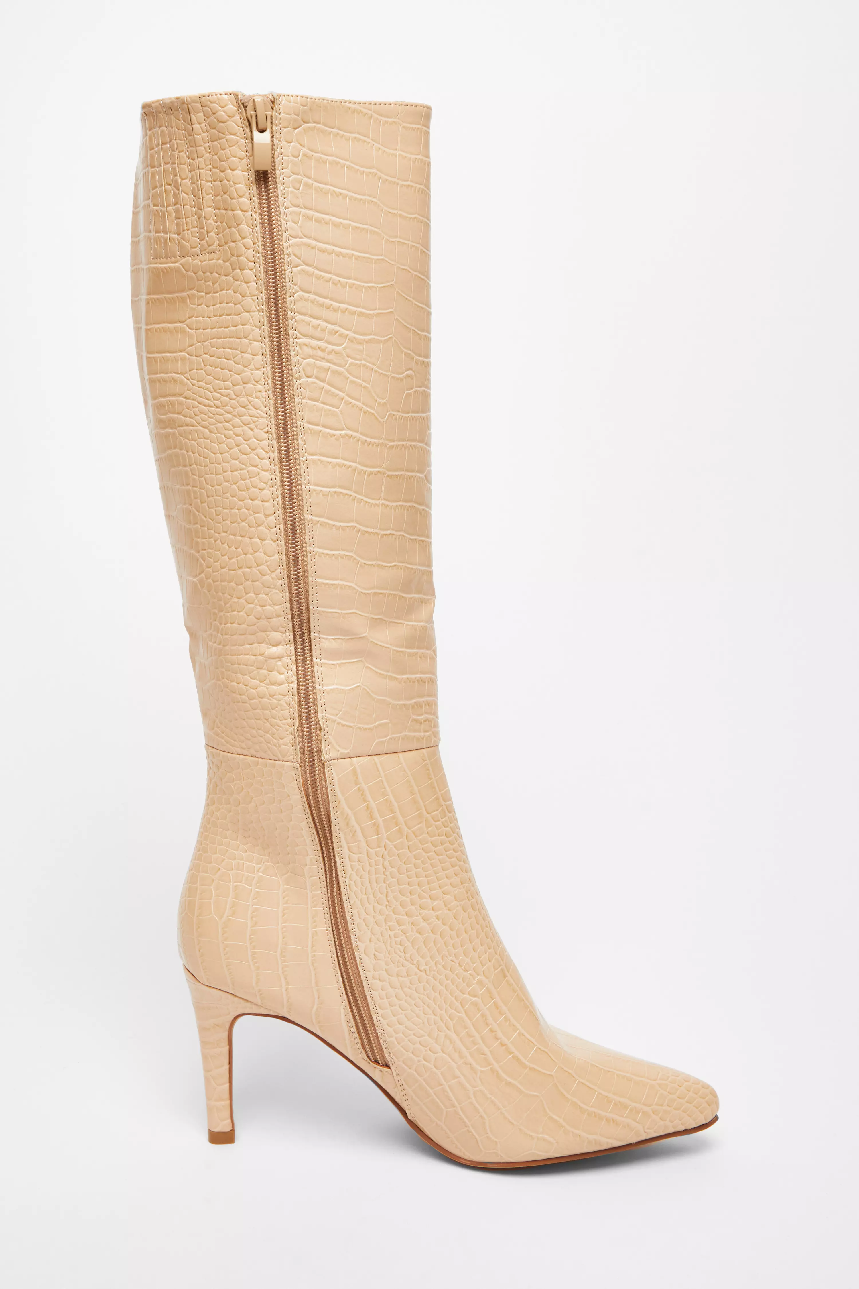 Beige Faux Leather Knee High Boots