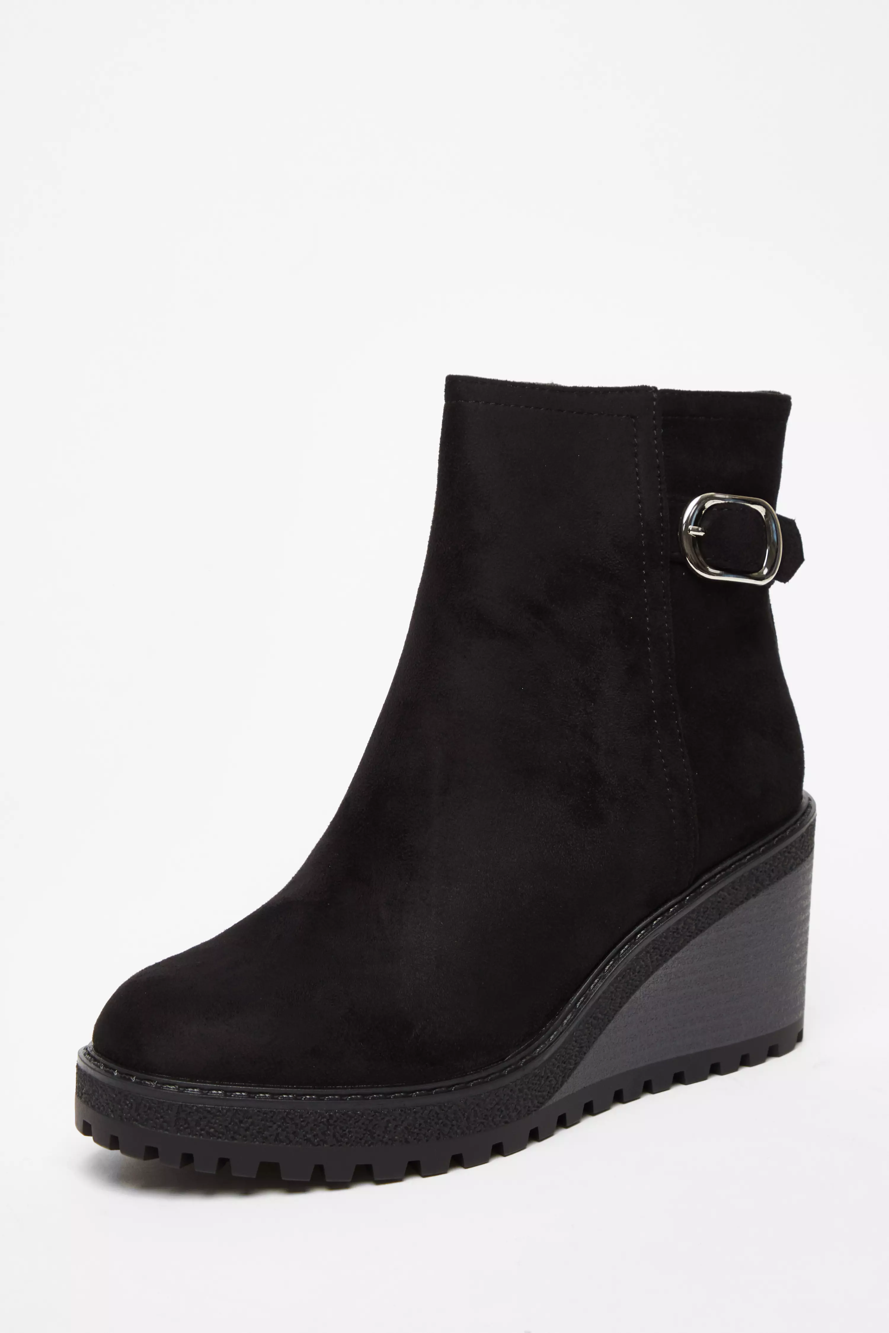 Black Faux Suede Wedged Ankle Boots