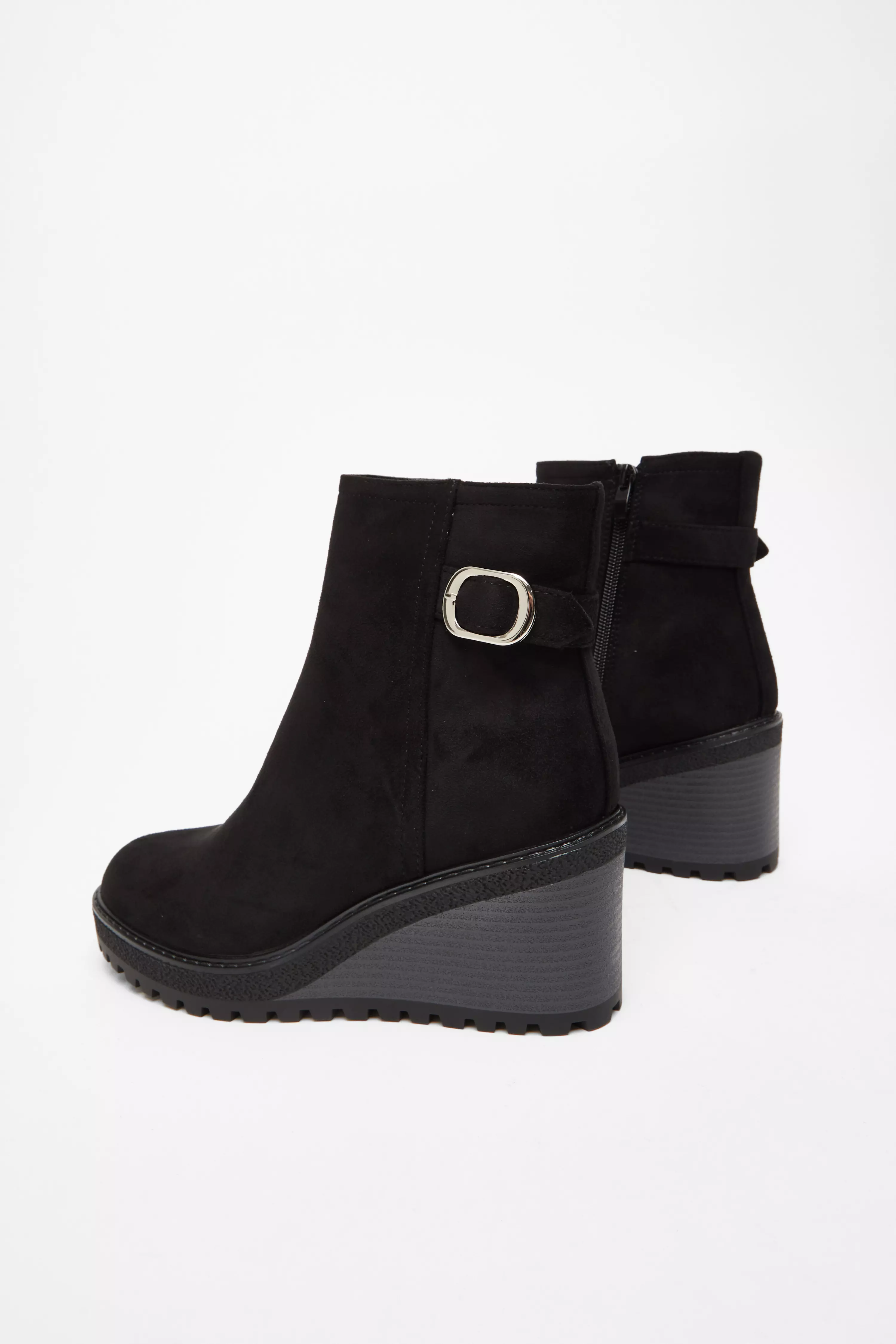 Black Faux Suede Wedged Ankle Boots