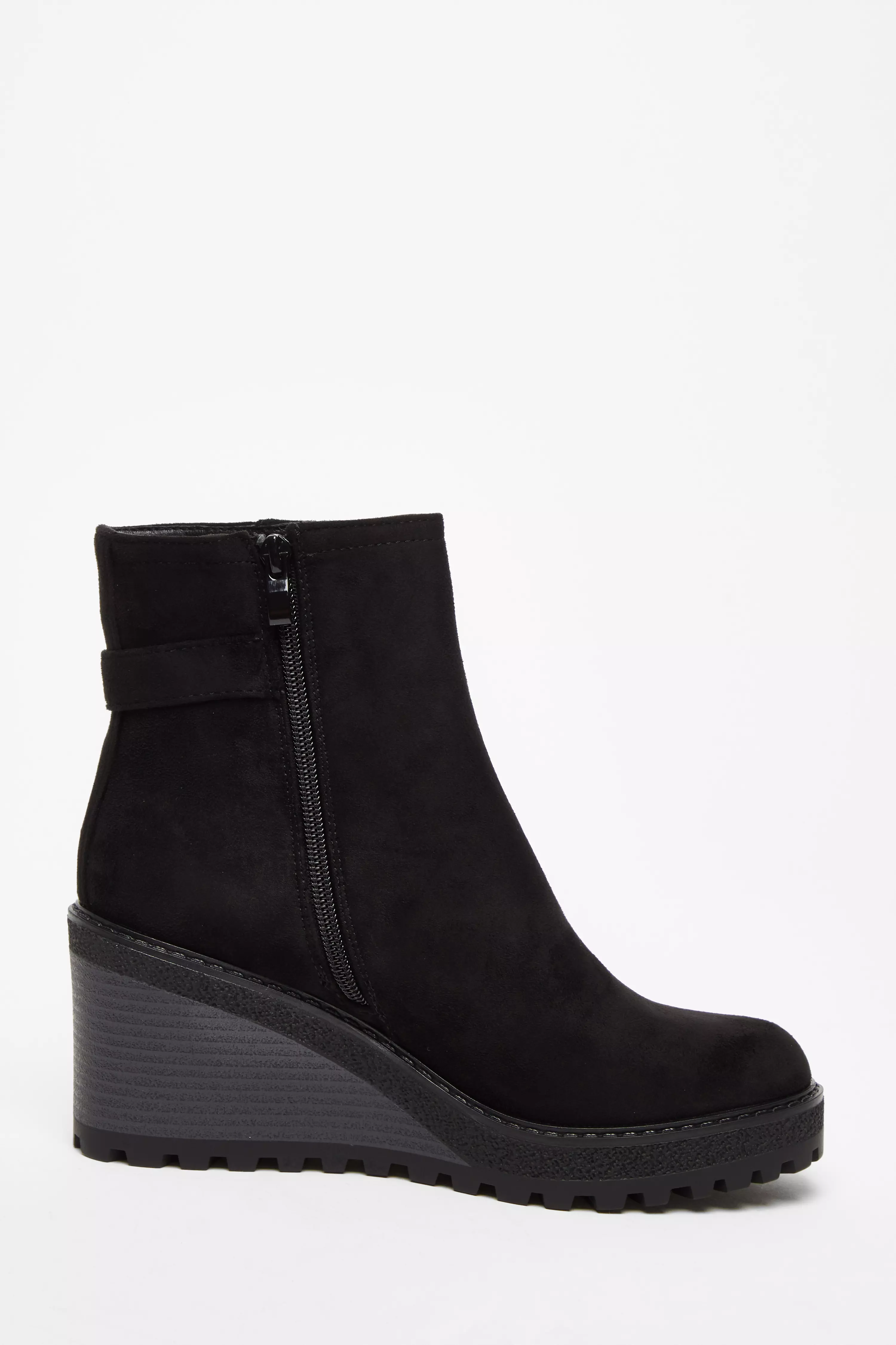 Black Faux Suede Wedged Ankle Boots