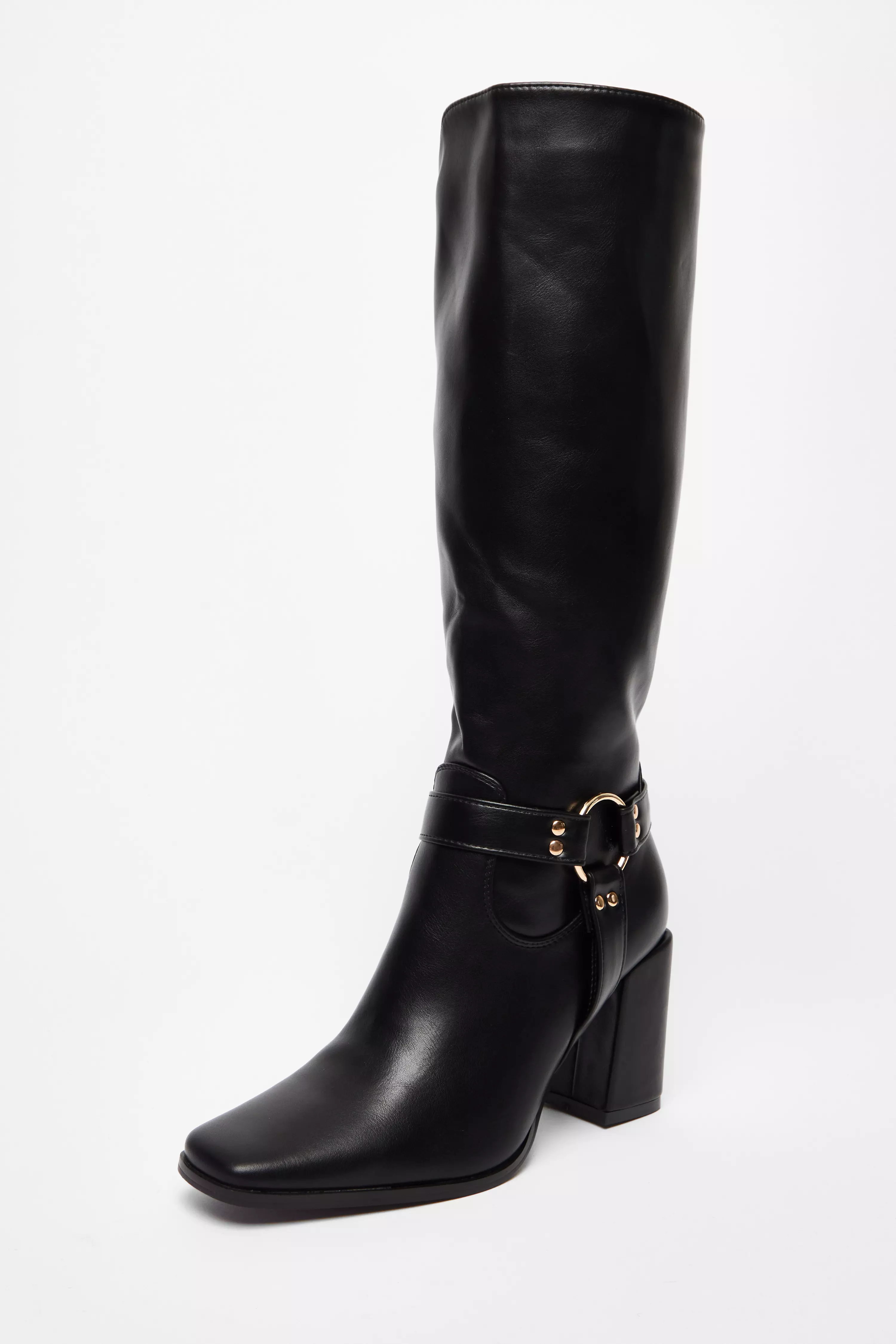 Black Faux Leather Knee High Boots