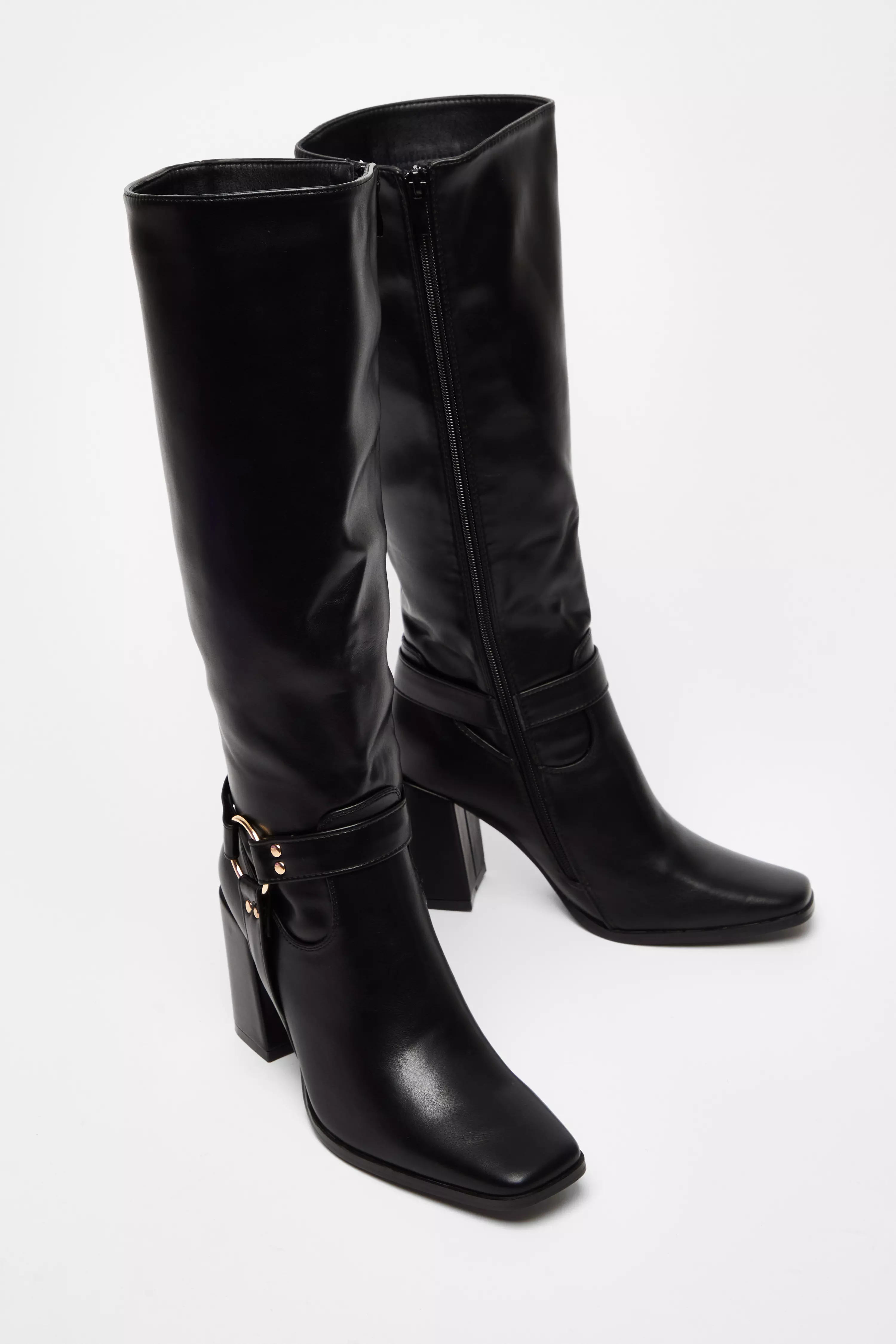 Black Faux Leather Knee High Boots