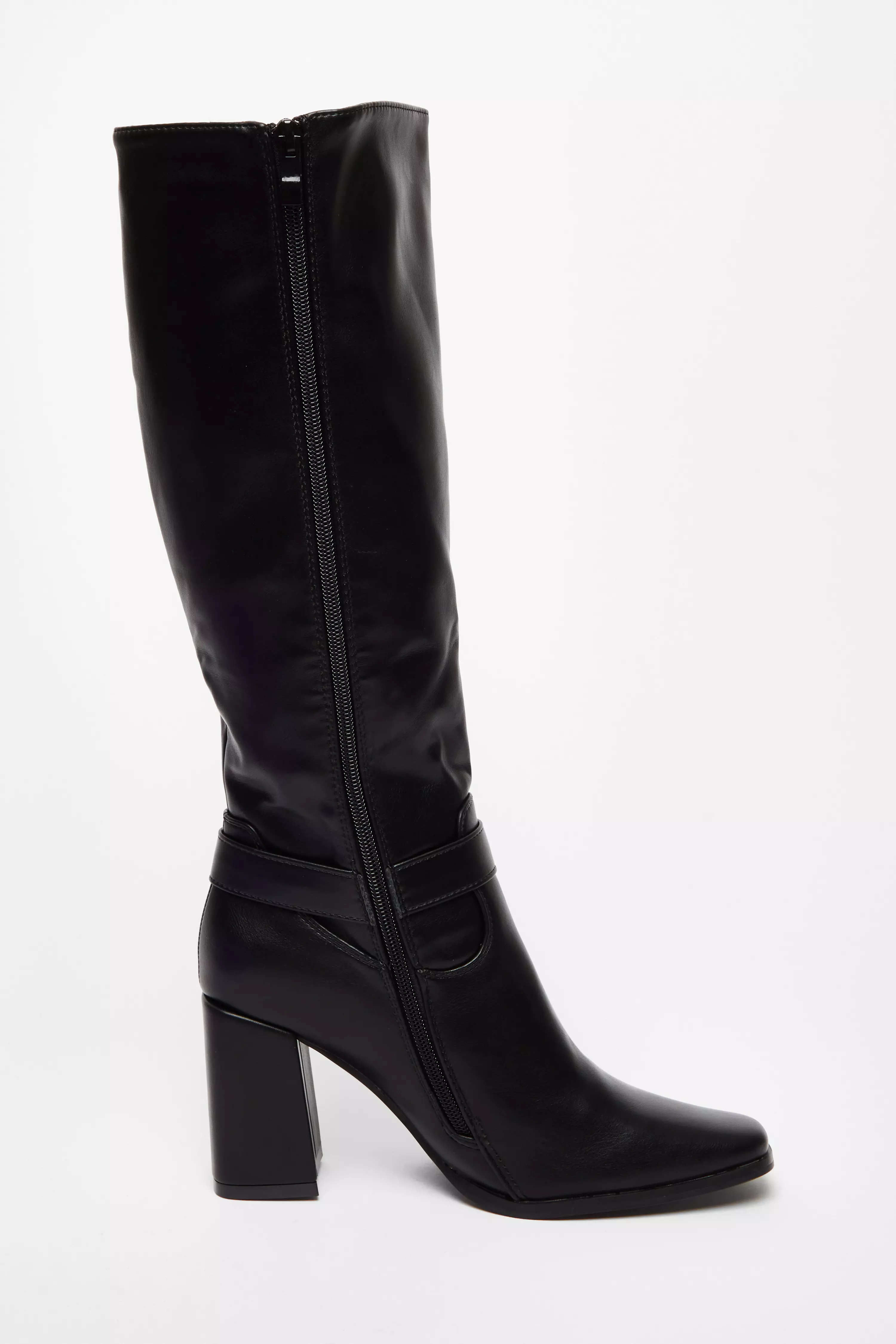 Black Faux Leather Knee High Boots