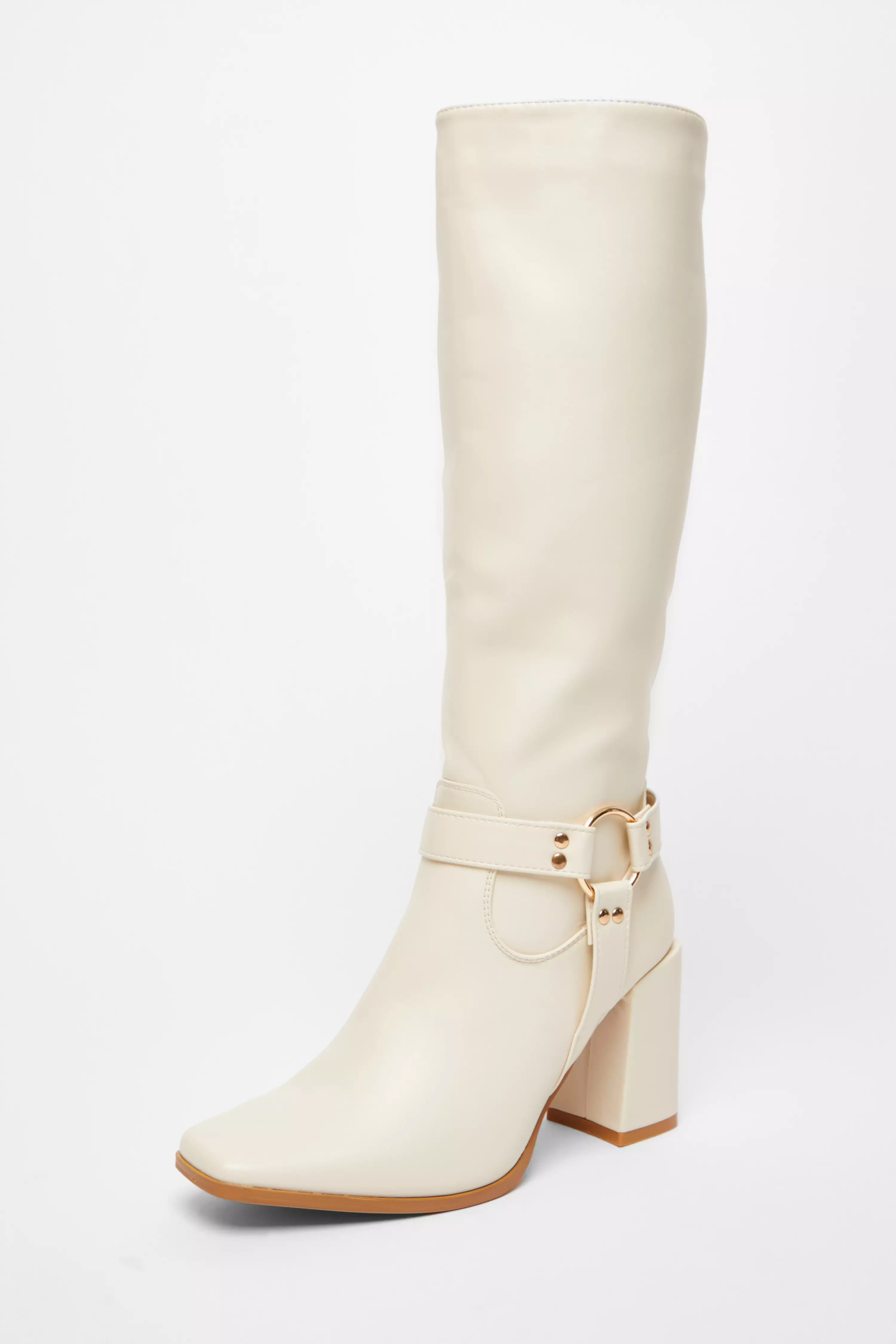 Beige Faux Leather Knee High Boots