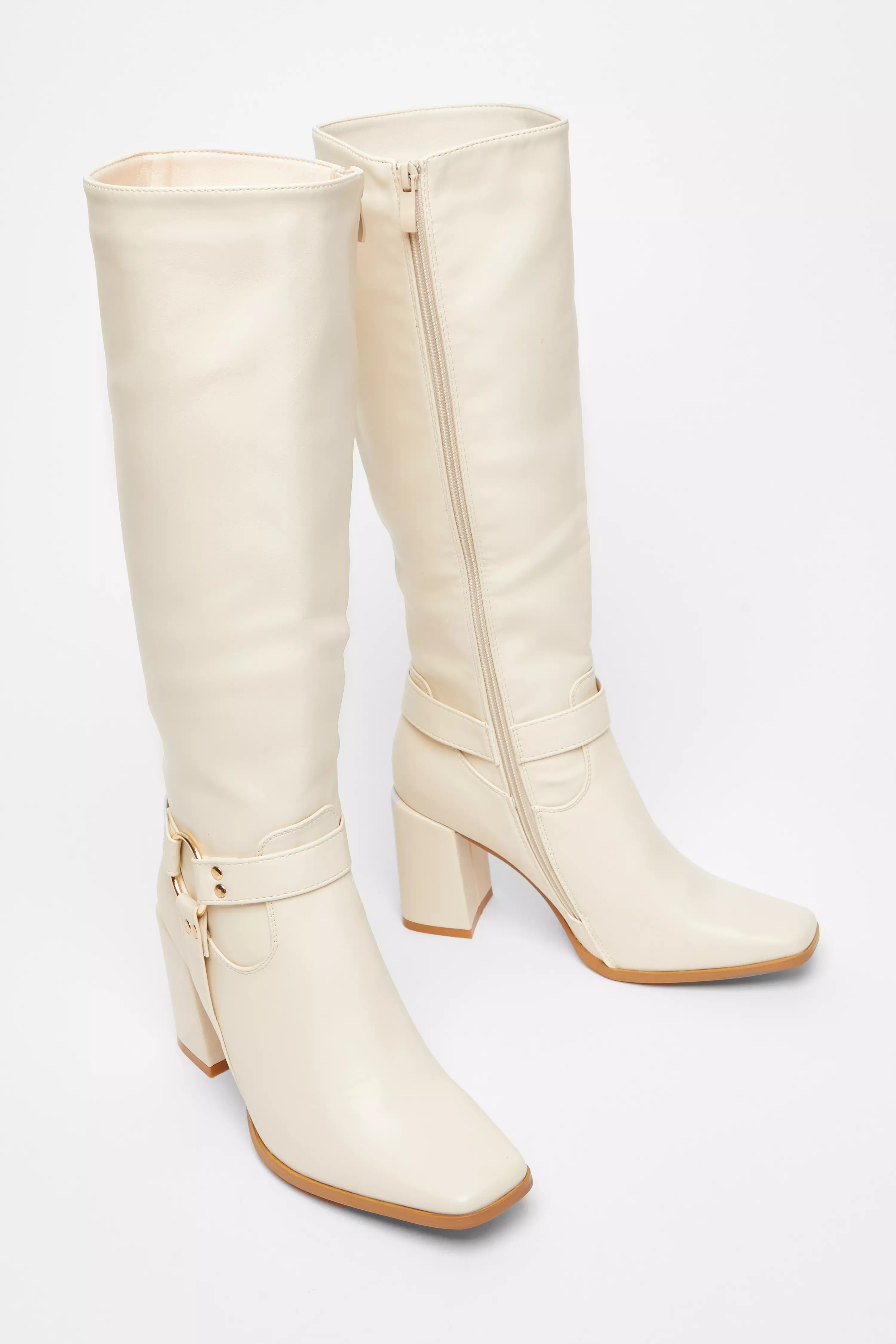 Beige Faux Leather Knee High Boots