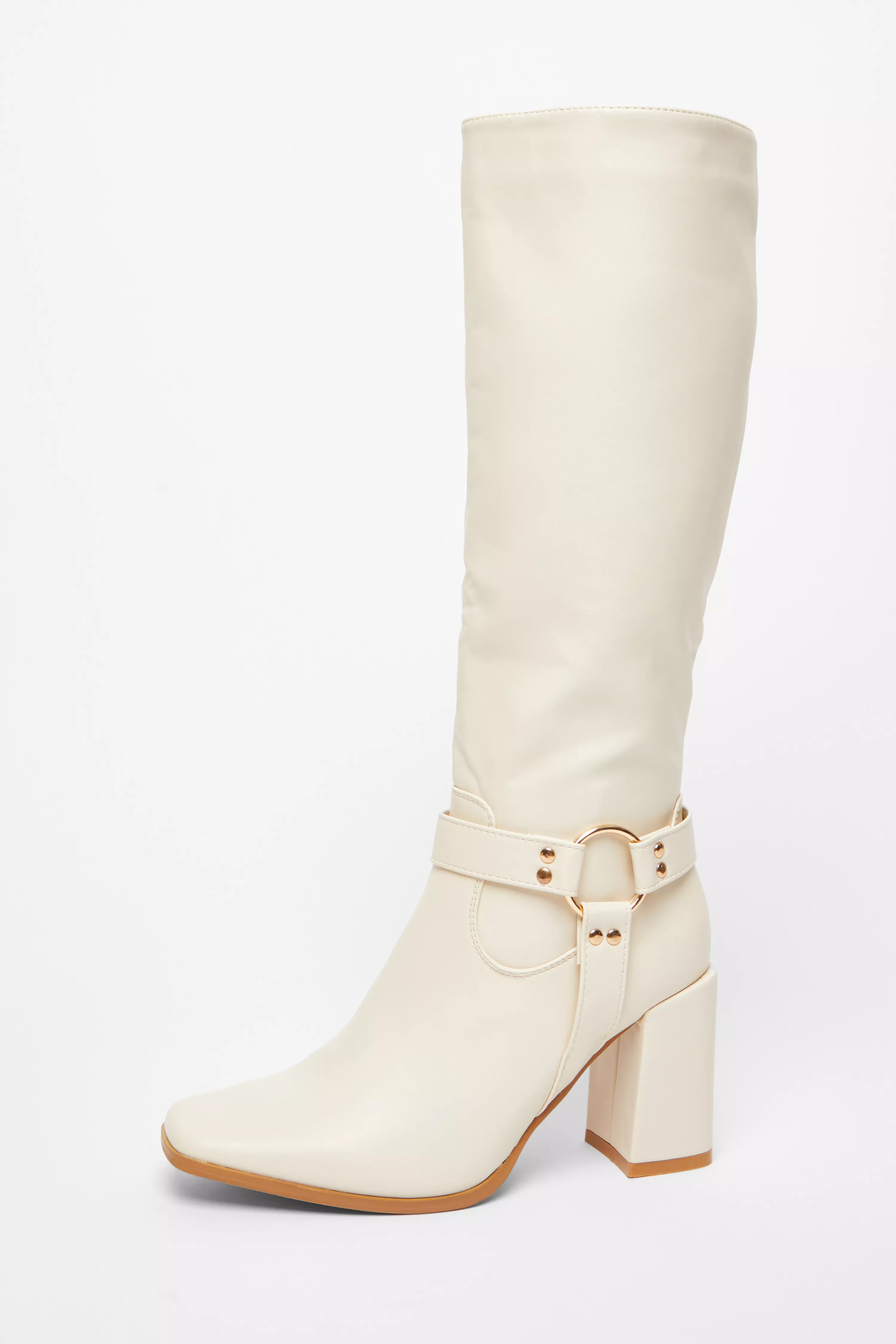 Beige Faux Leather Knee High Boots