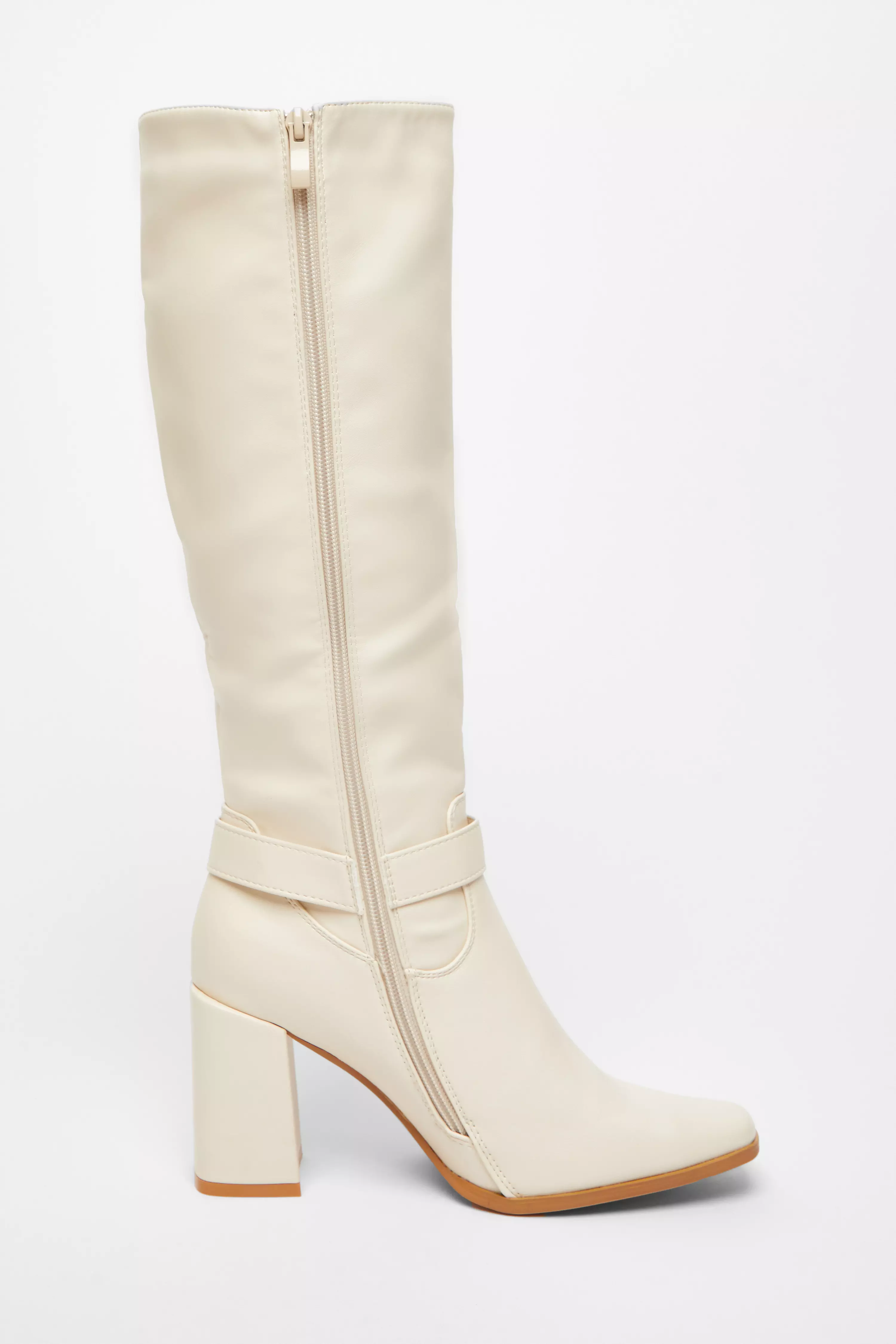 Beige Faux Leather Knee High Boots