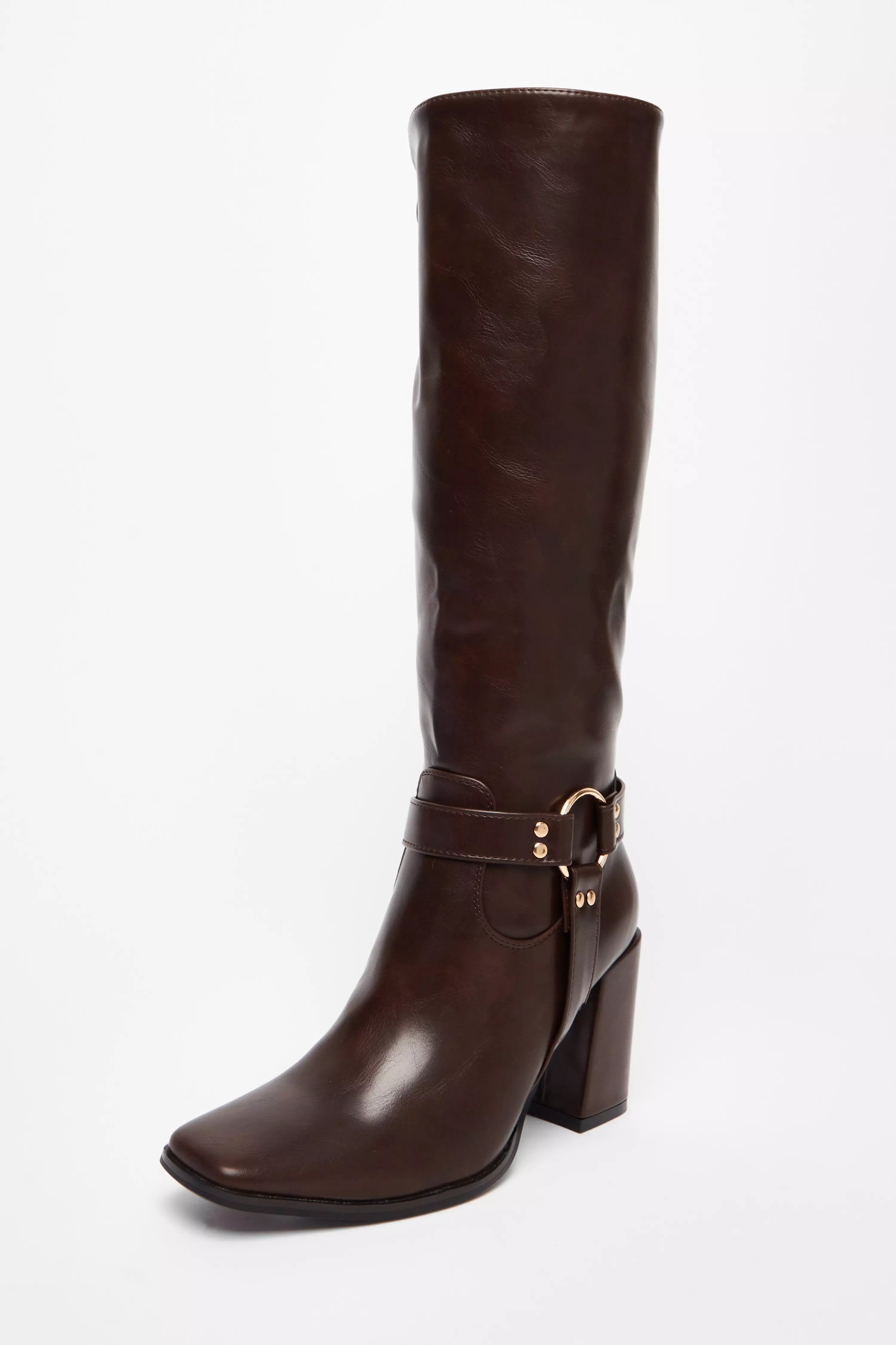 Brown Faux Leather Knee High Boots 