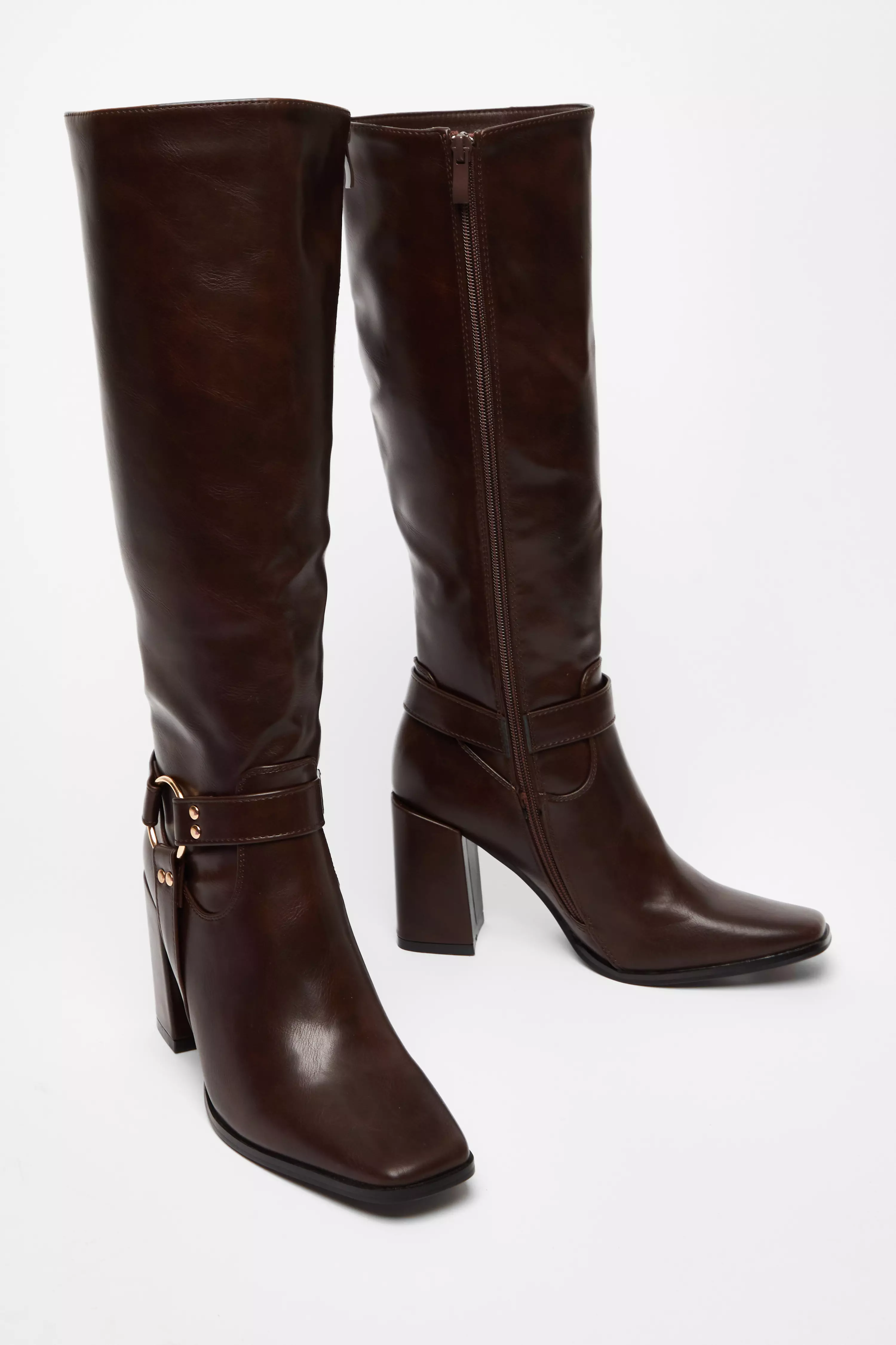 Brown Faux Leather Knee High Boots