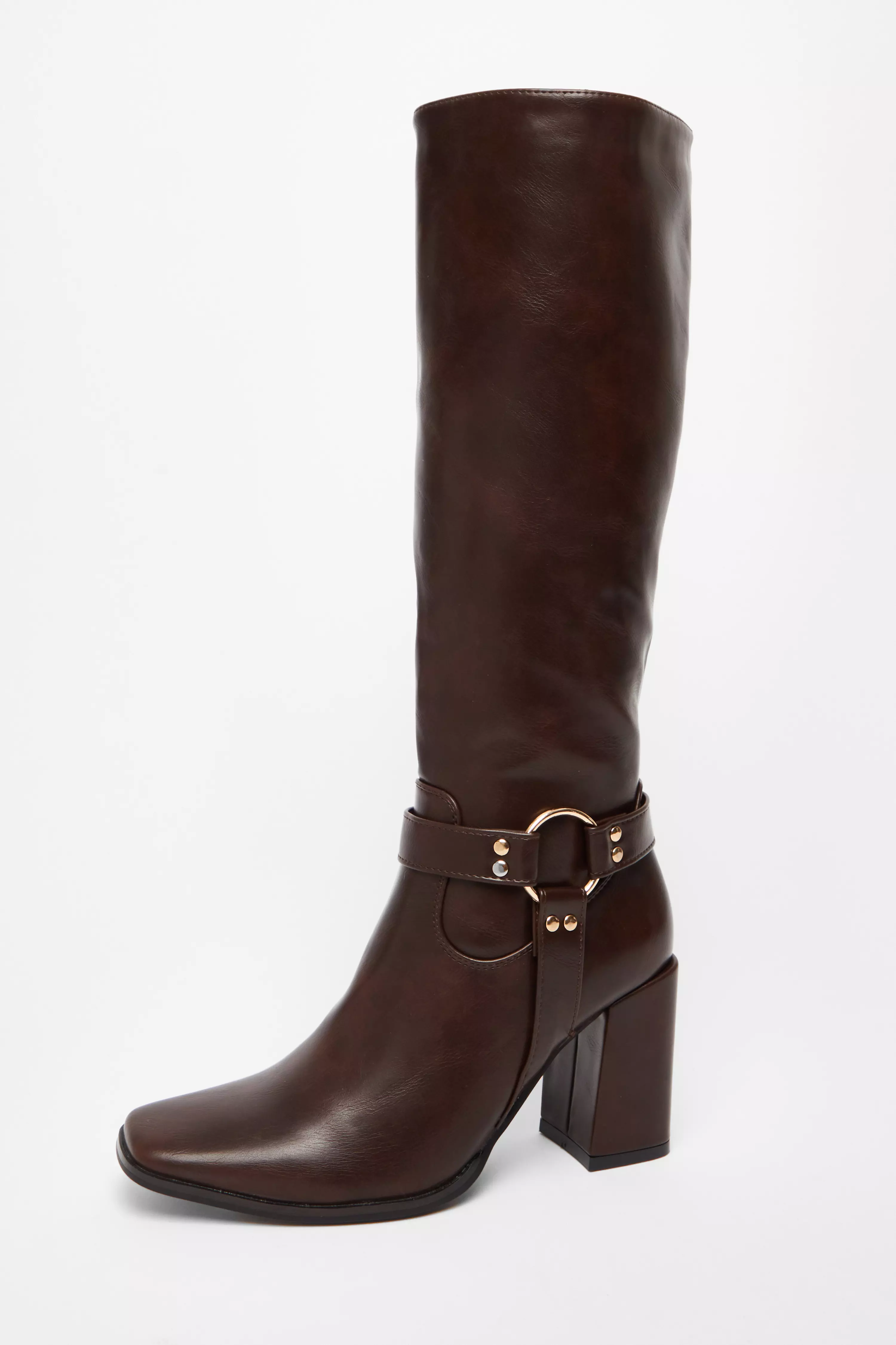 Brown Faux Leather Knee High Boots 