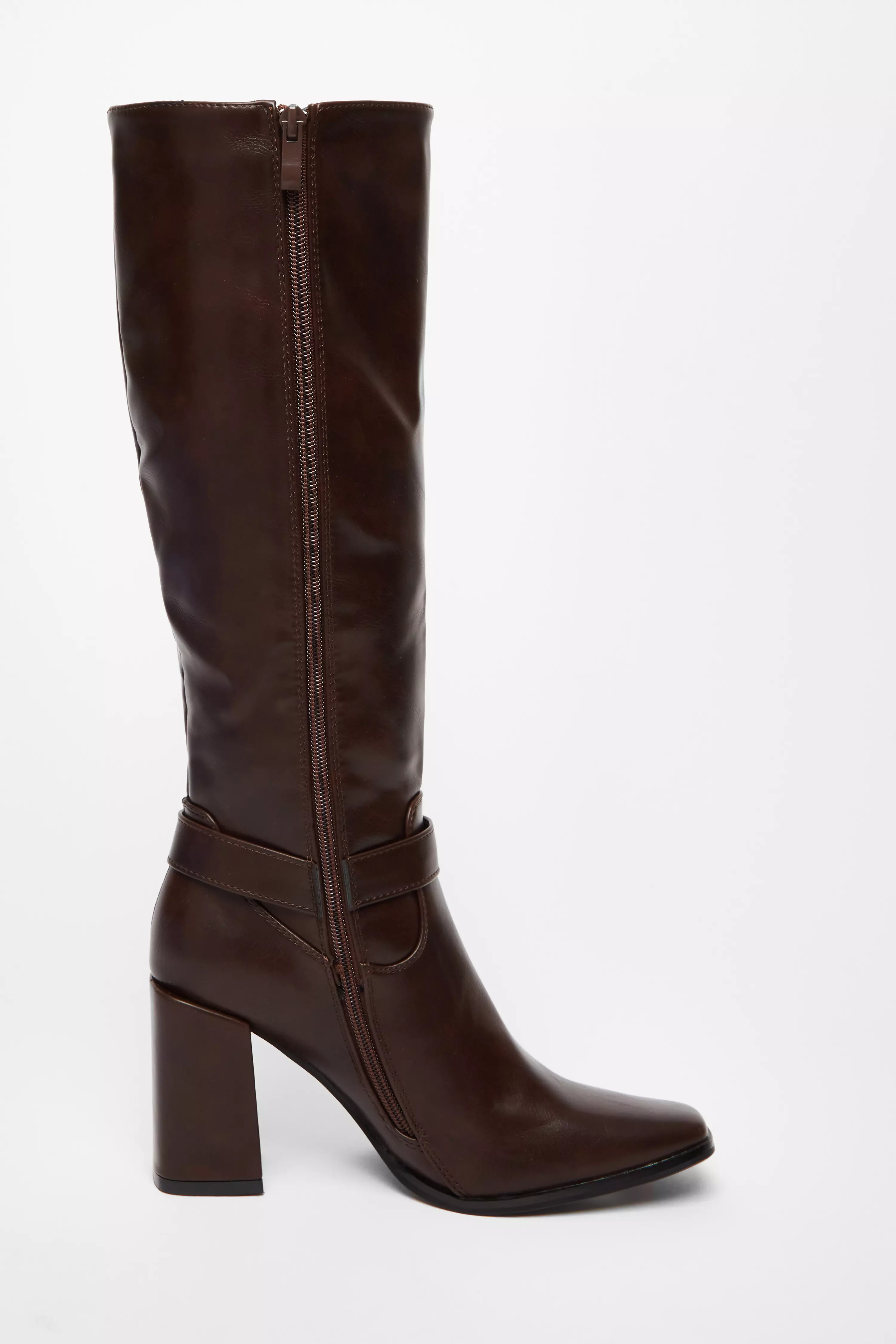 Brown Faux Leather Knee High Boots 