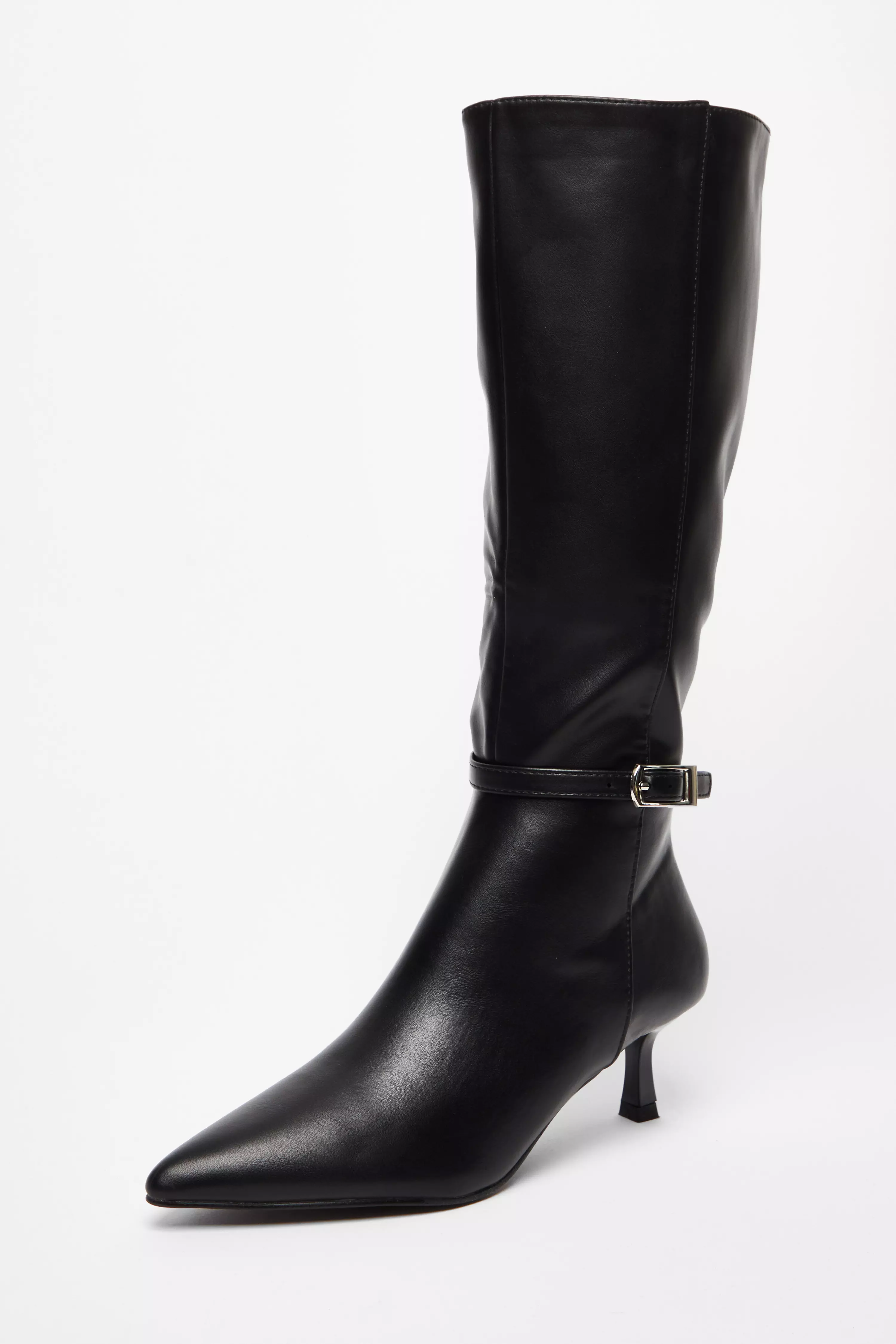 Black Buckle Detail Knee High Boots