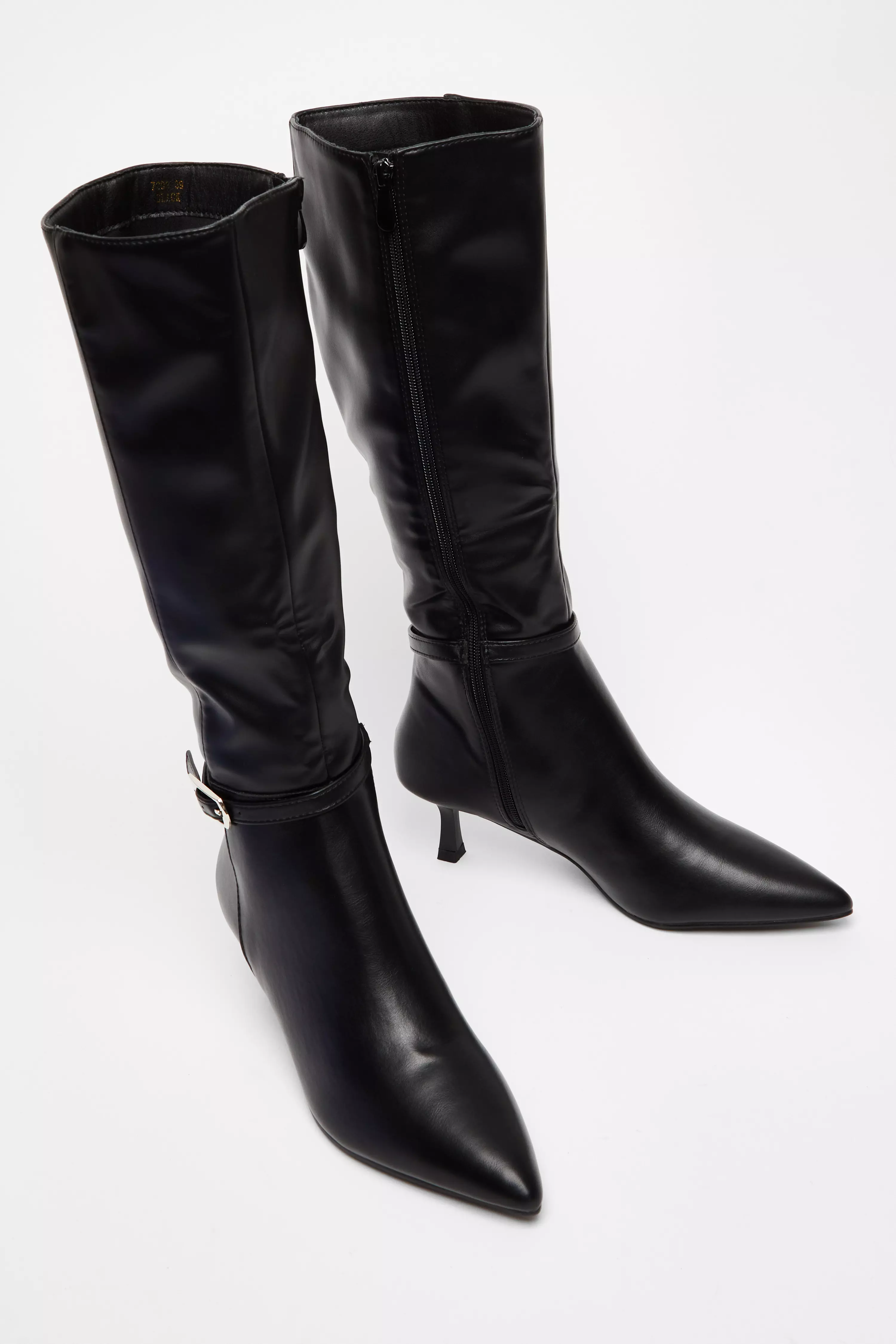 Black Buckle Detail Knee High Boots