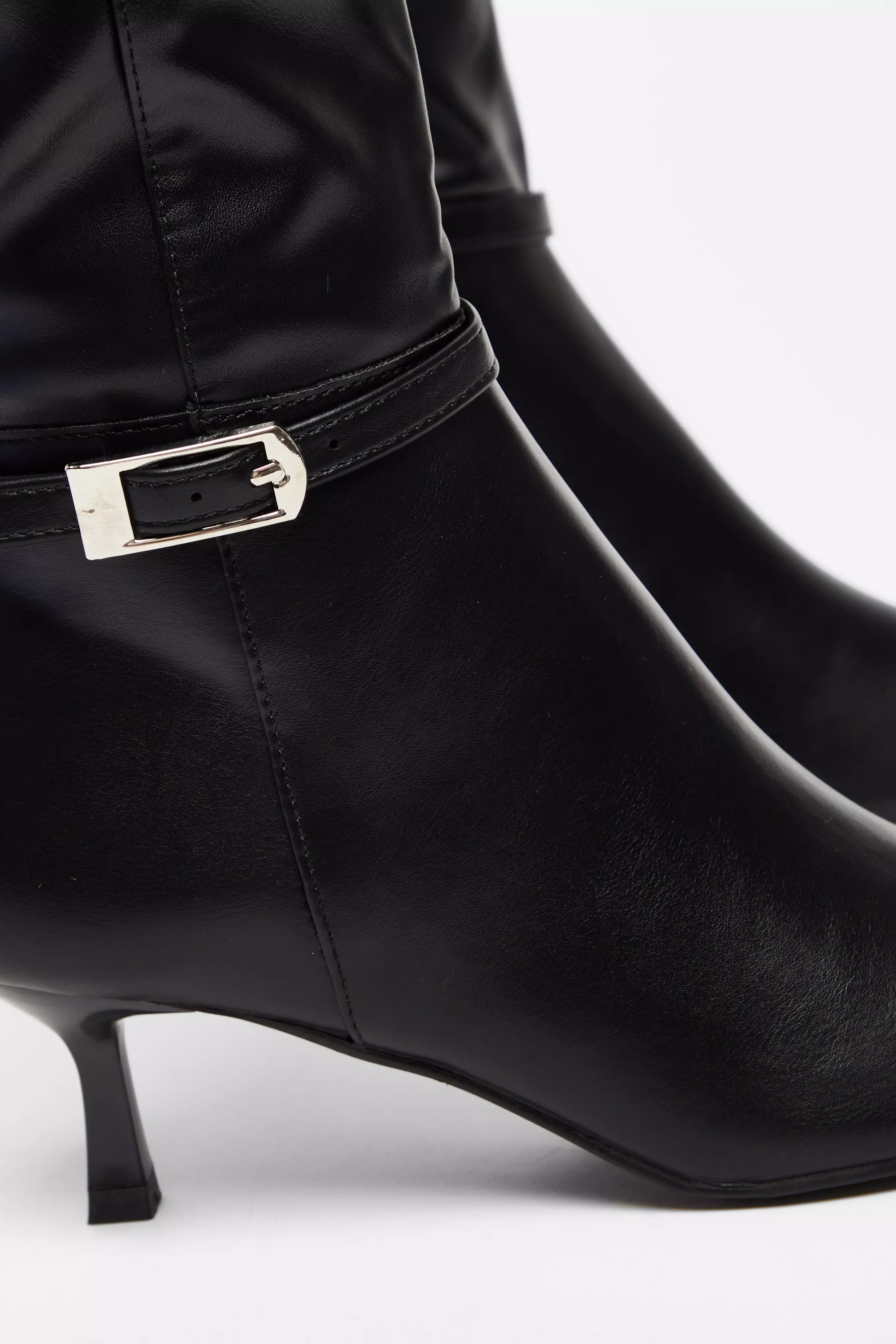 Black Buckle Detail Knee High Boots