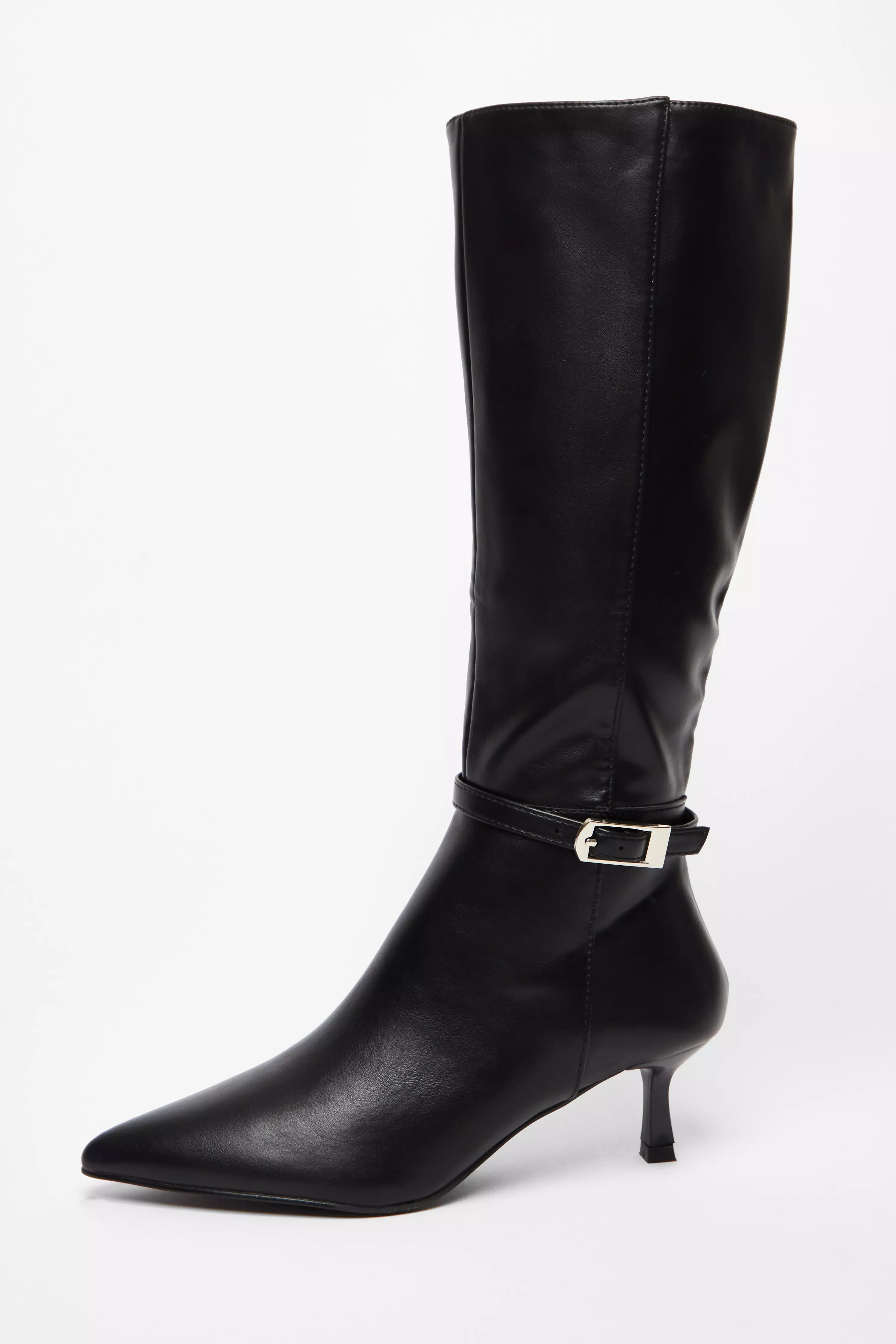 Black Buckle Detail Knee High Boots