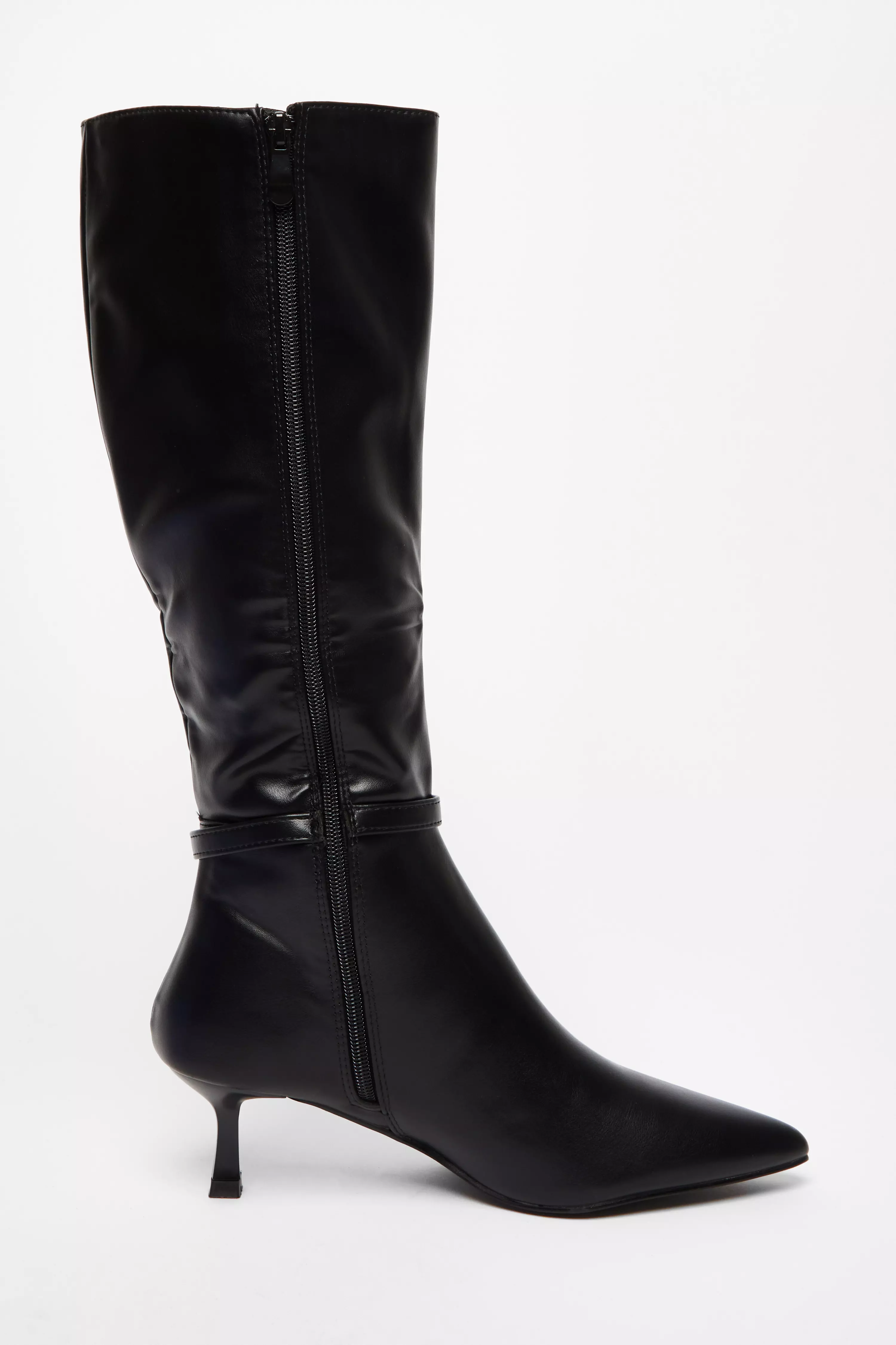 Black Buckle Detail Knee High Boots