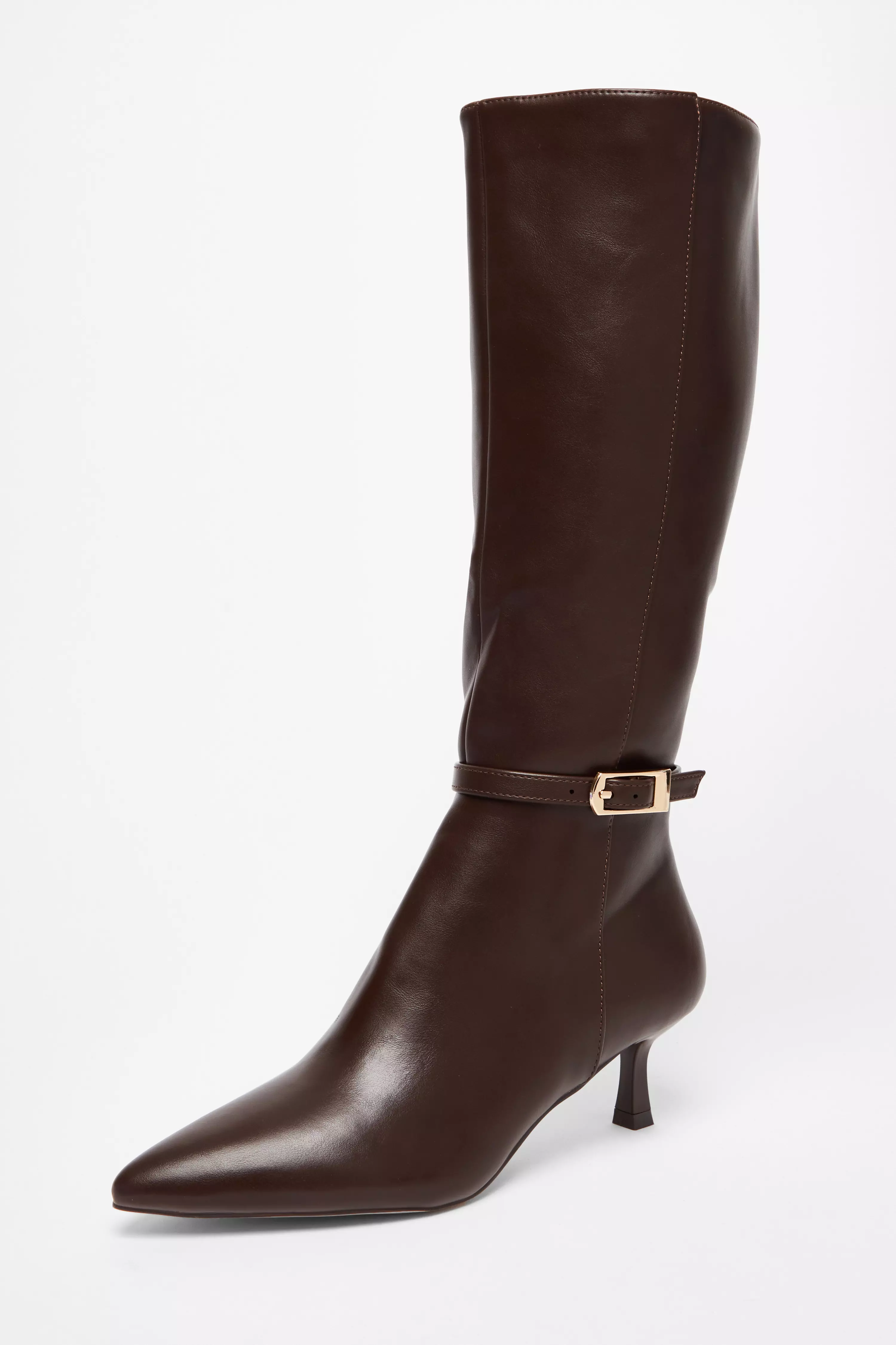 Brown Buckle Detail Knee High Boots