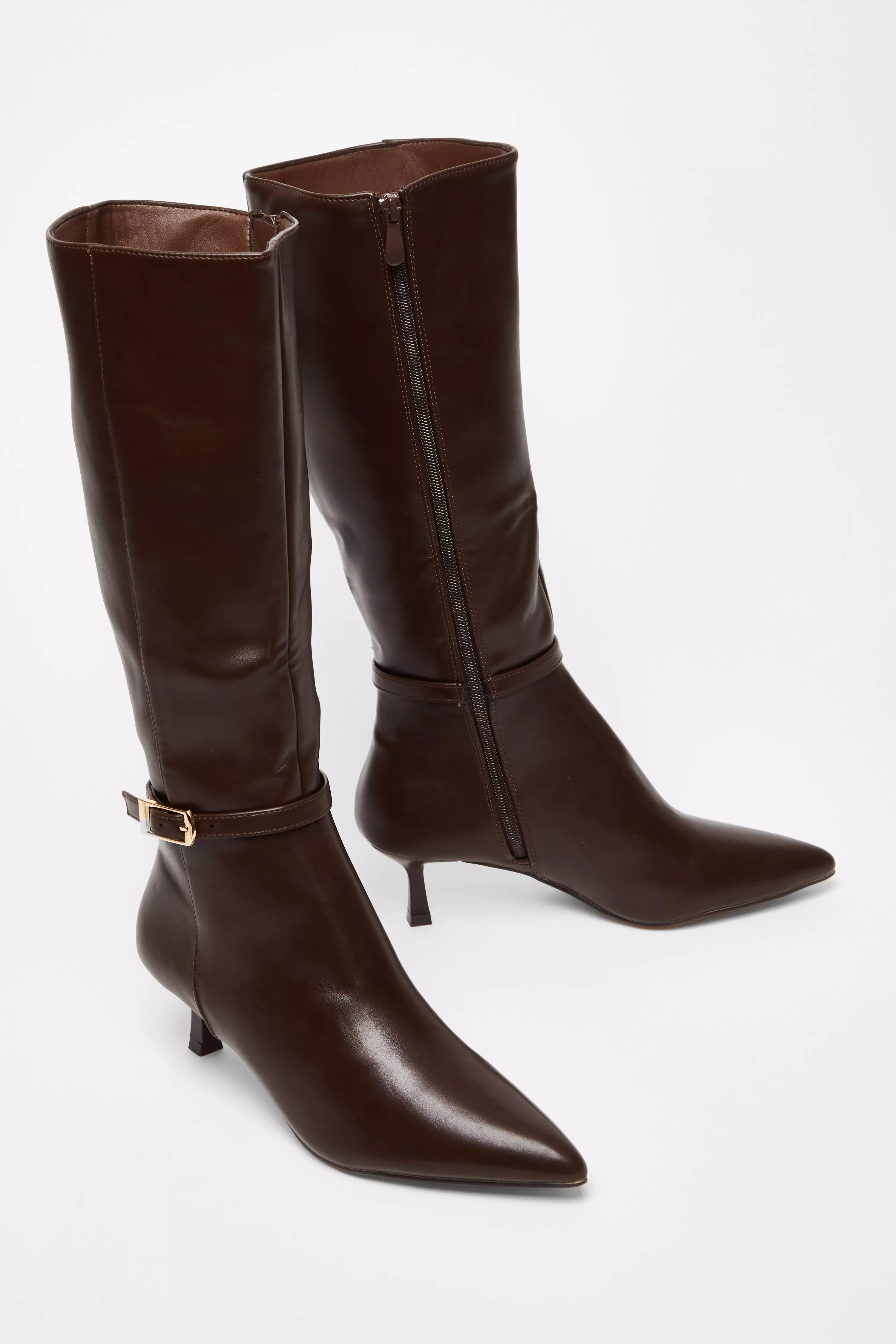 Brown Buckle Detail Knee High Boots