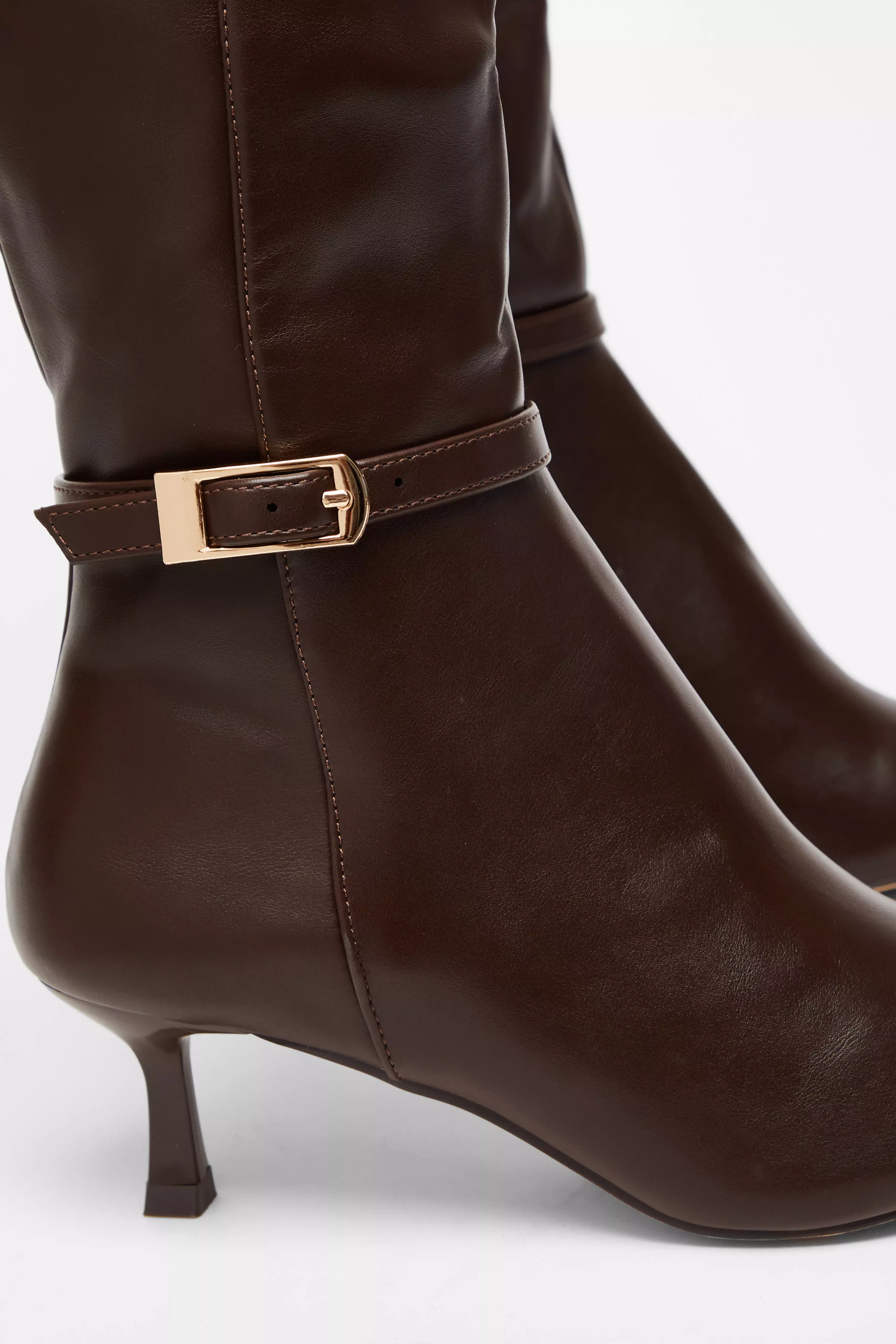 Brown Buckle Detail Knee High Boots