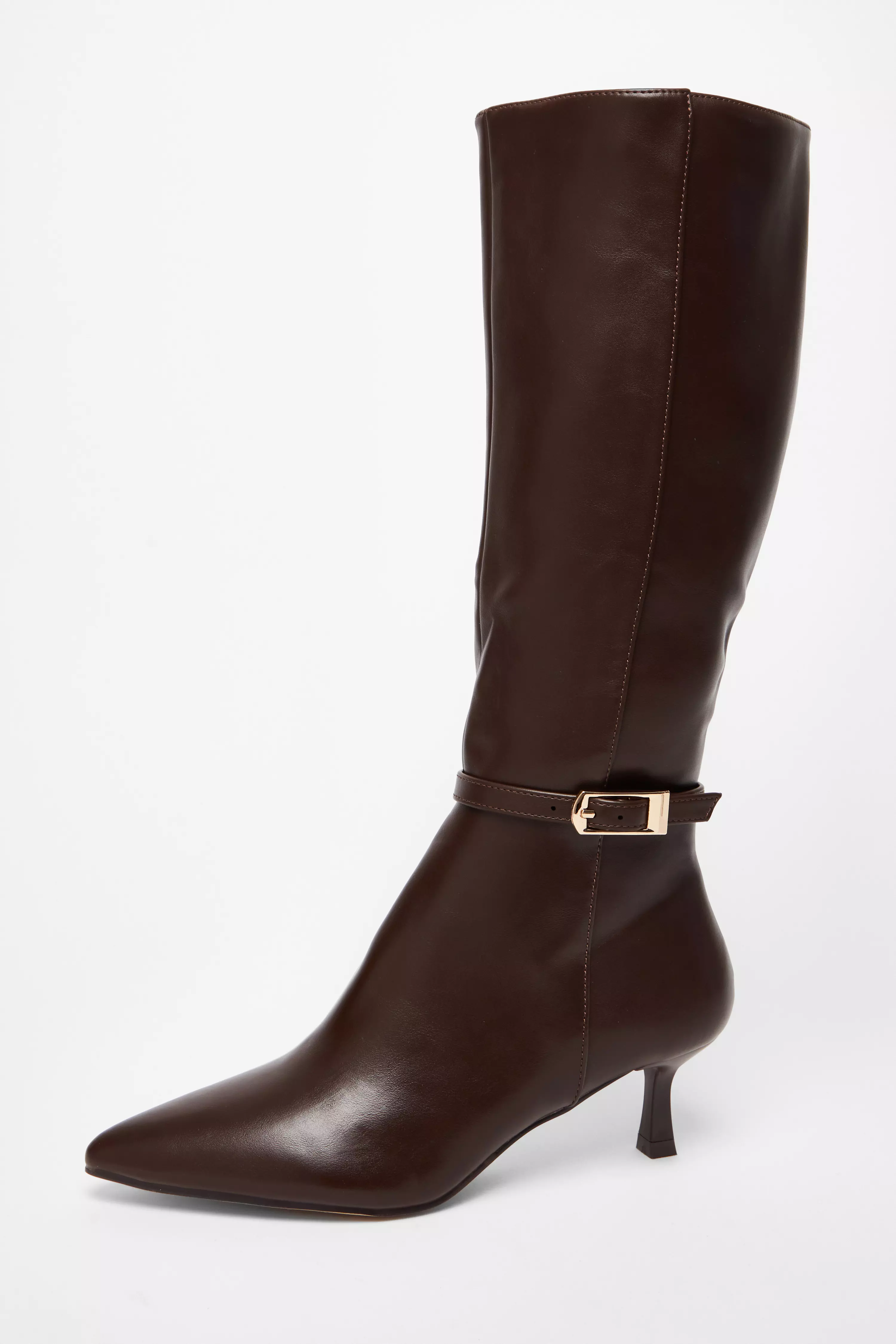 Brown Buckle Detail Knee High Boots