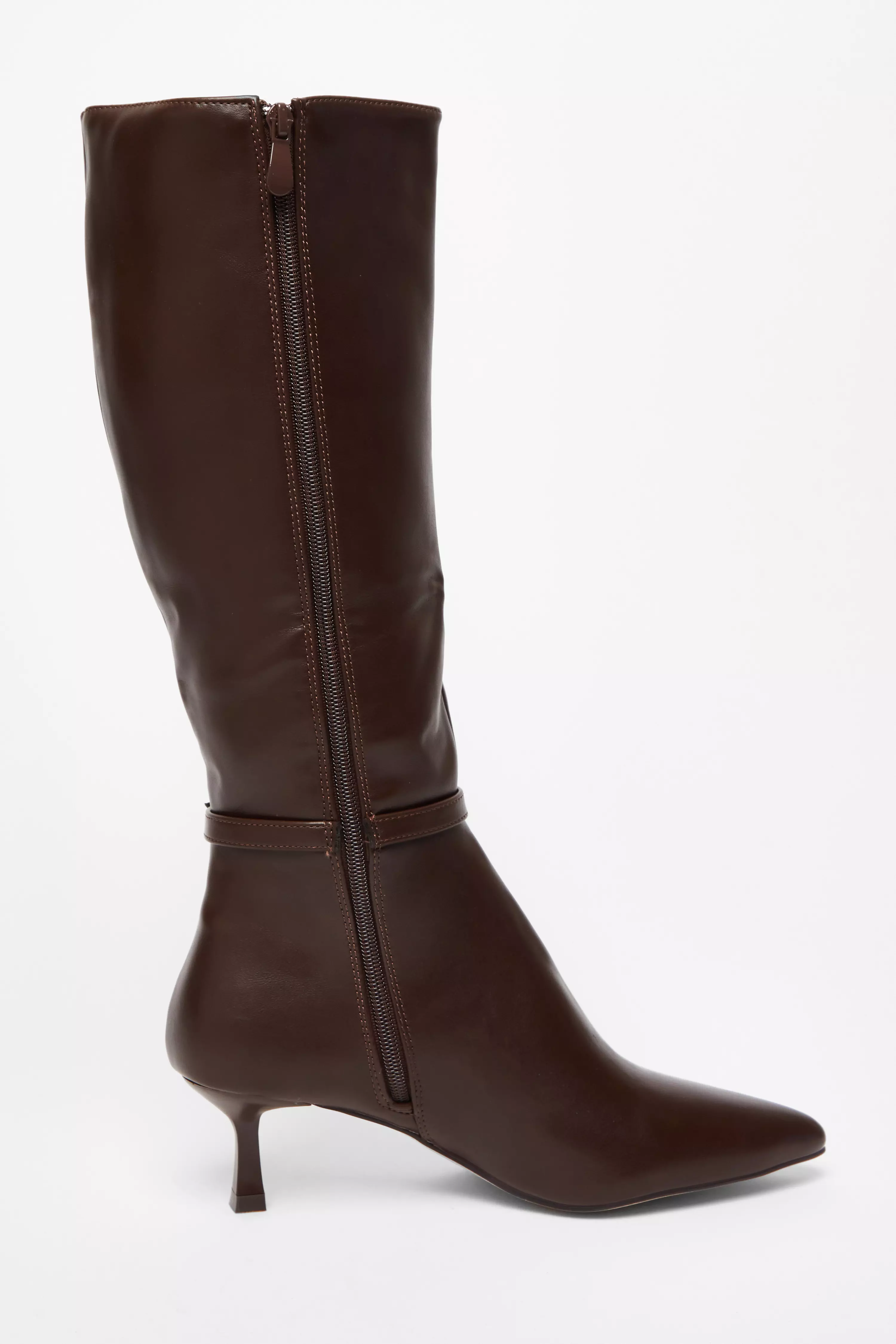 Brown Buckle Detail Knee High Boots