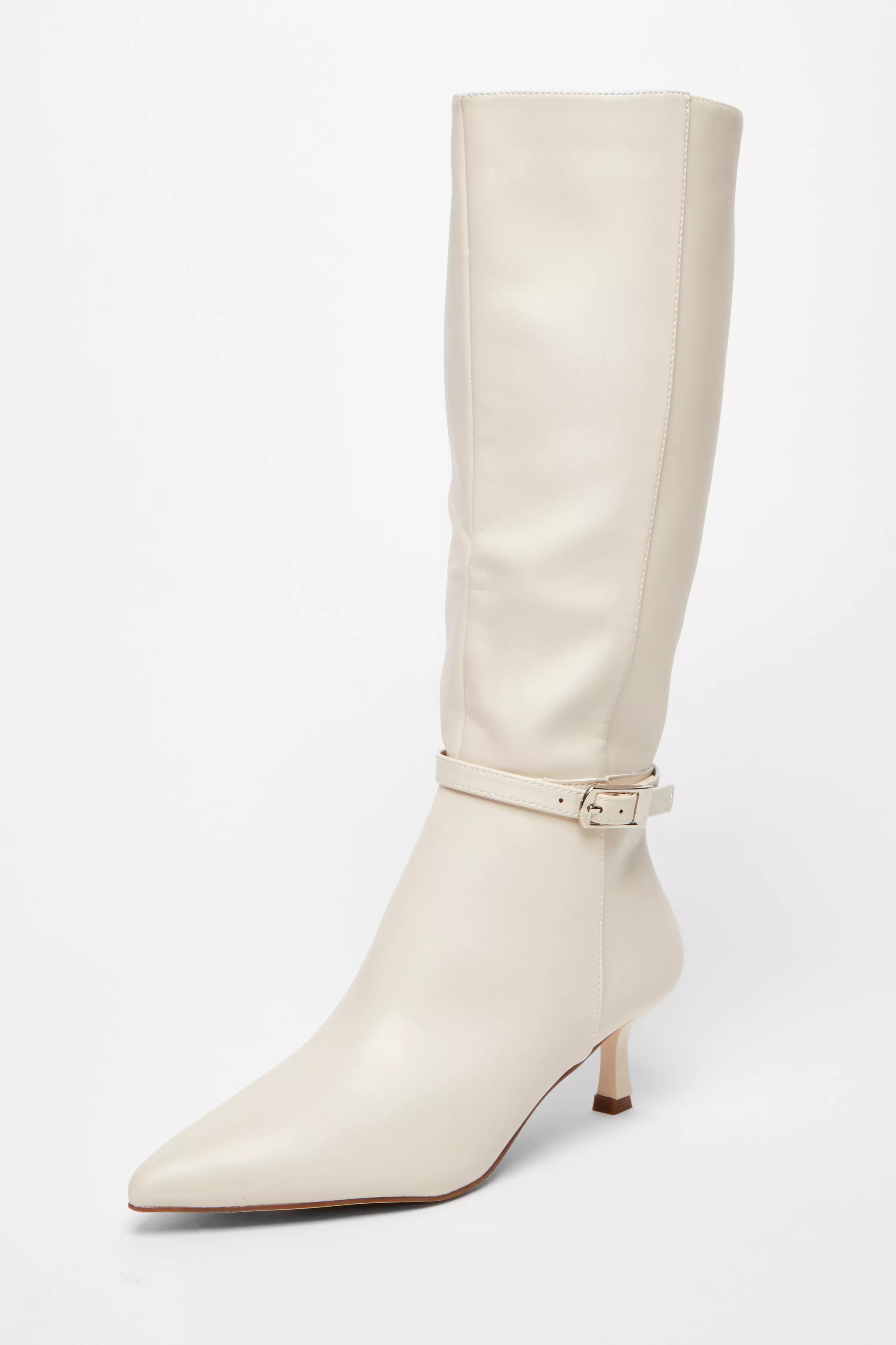 Cream Buckle Detail Knee High Boots