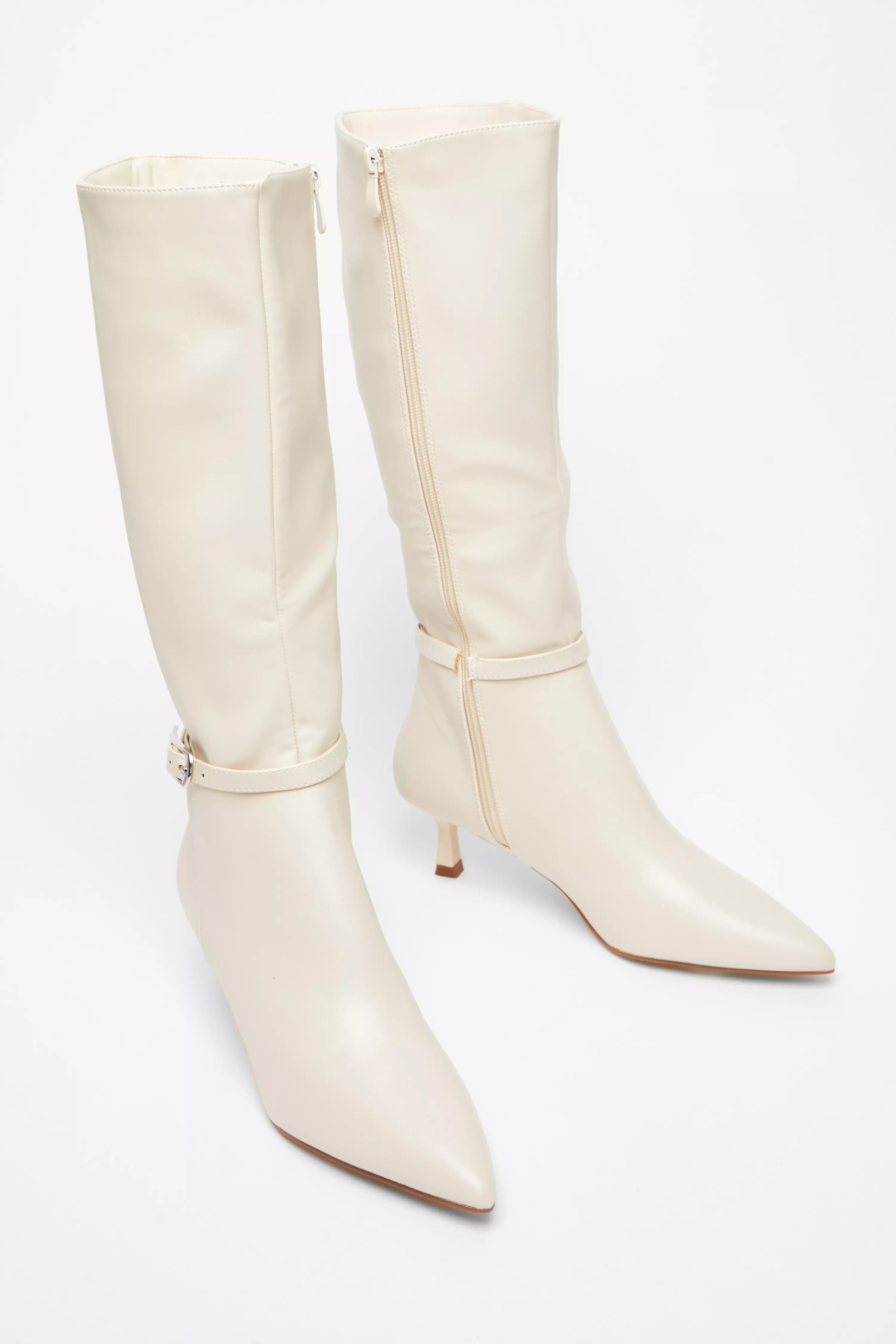 Cream Buckle Detail Knee High Boots