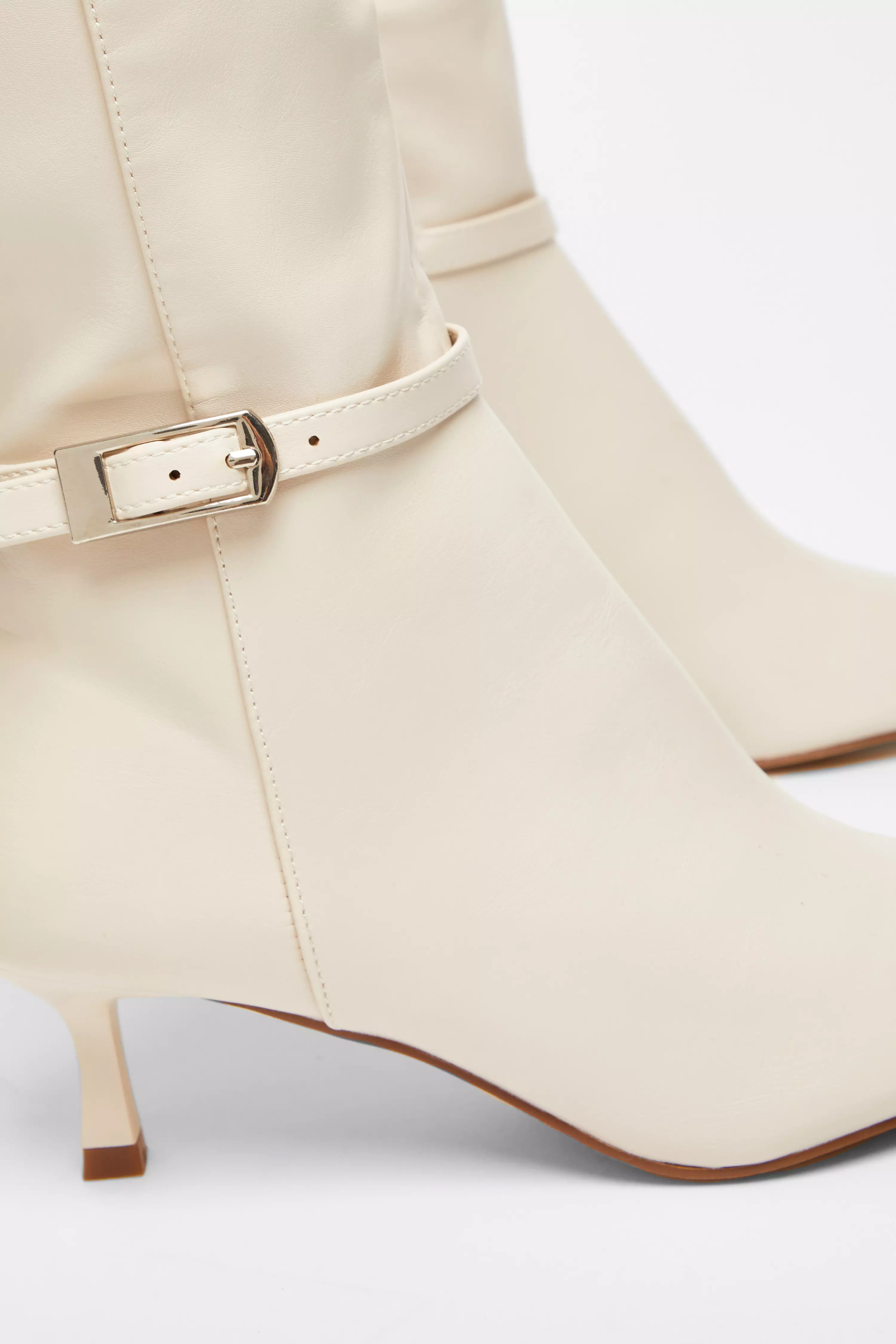 Cream Buckle Detail Knee High Boots