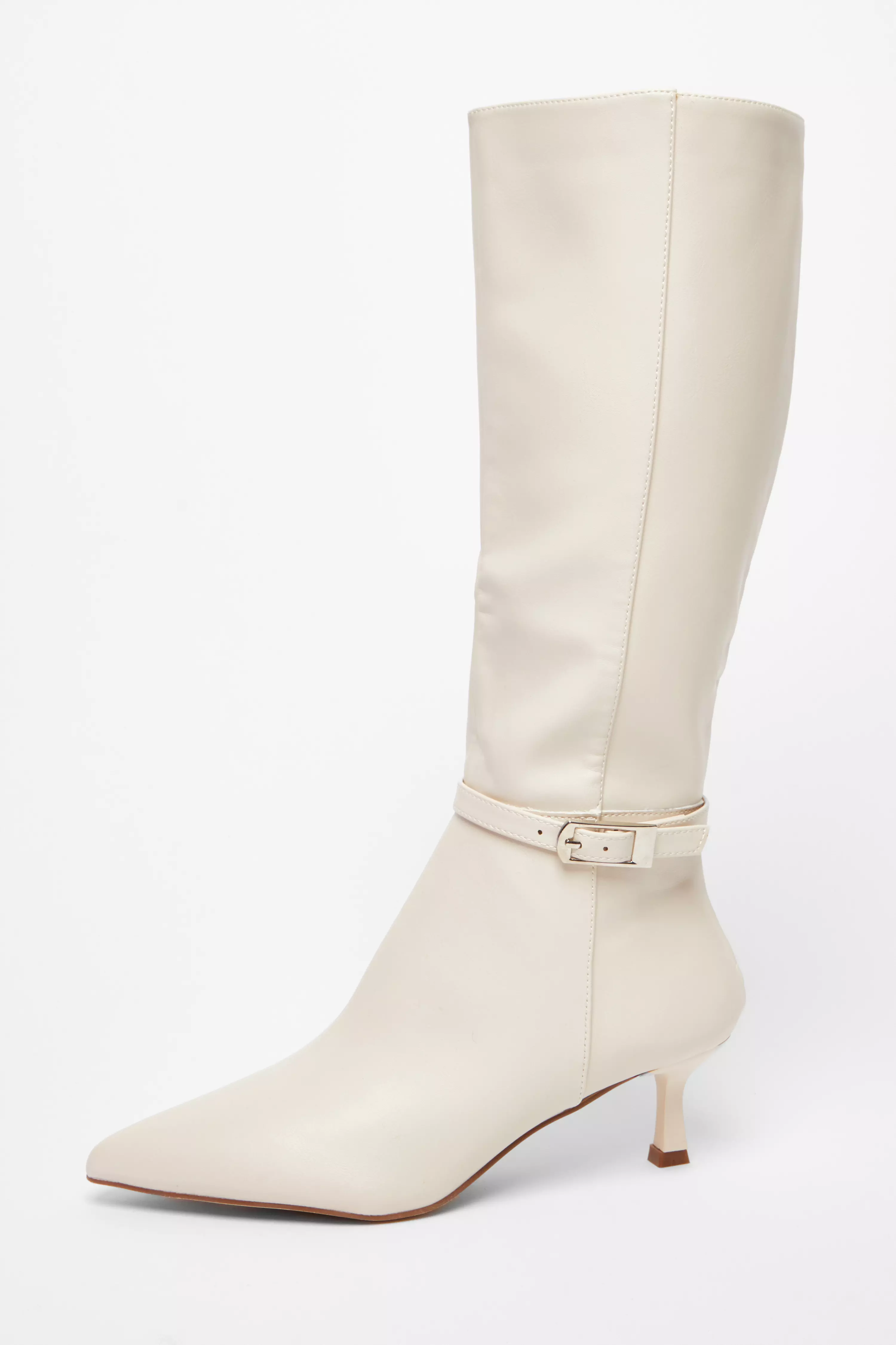 Cream Buckle Detail Knee High Boots