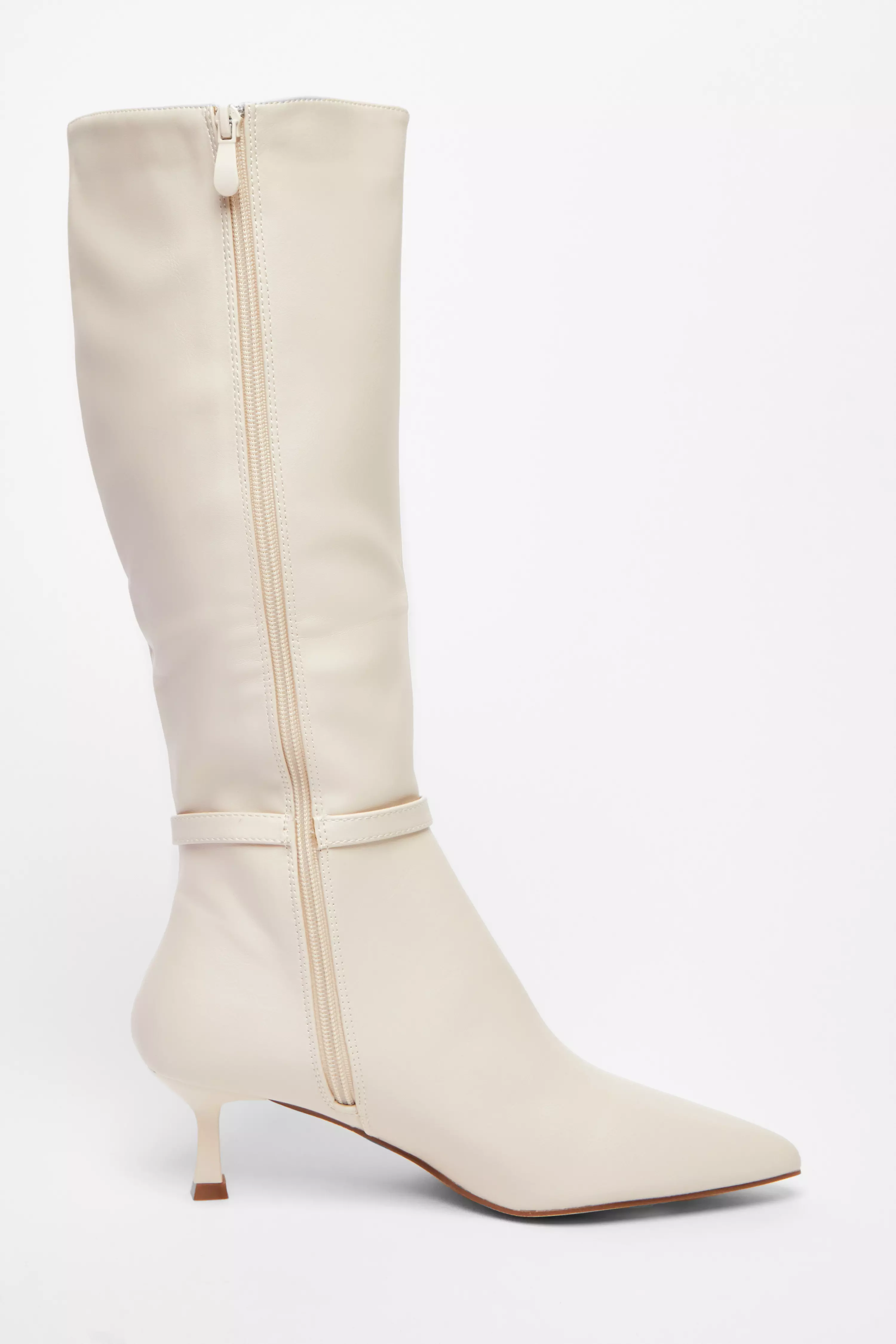 Cream Buckle Detail Knee High Boots