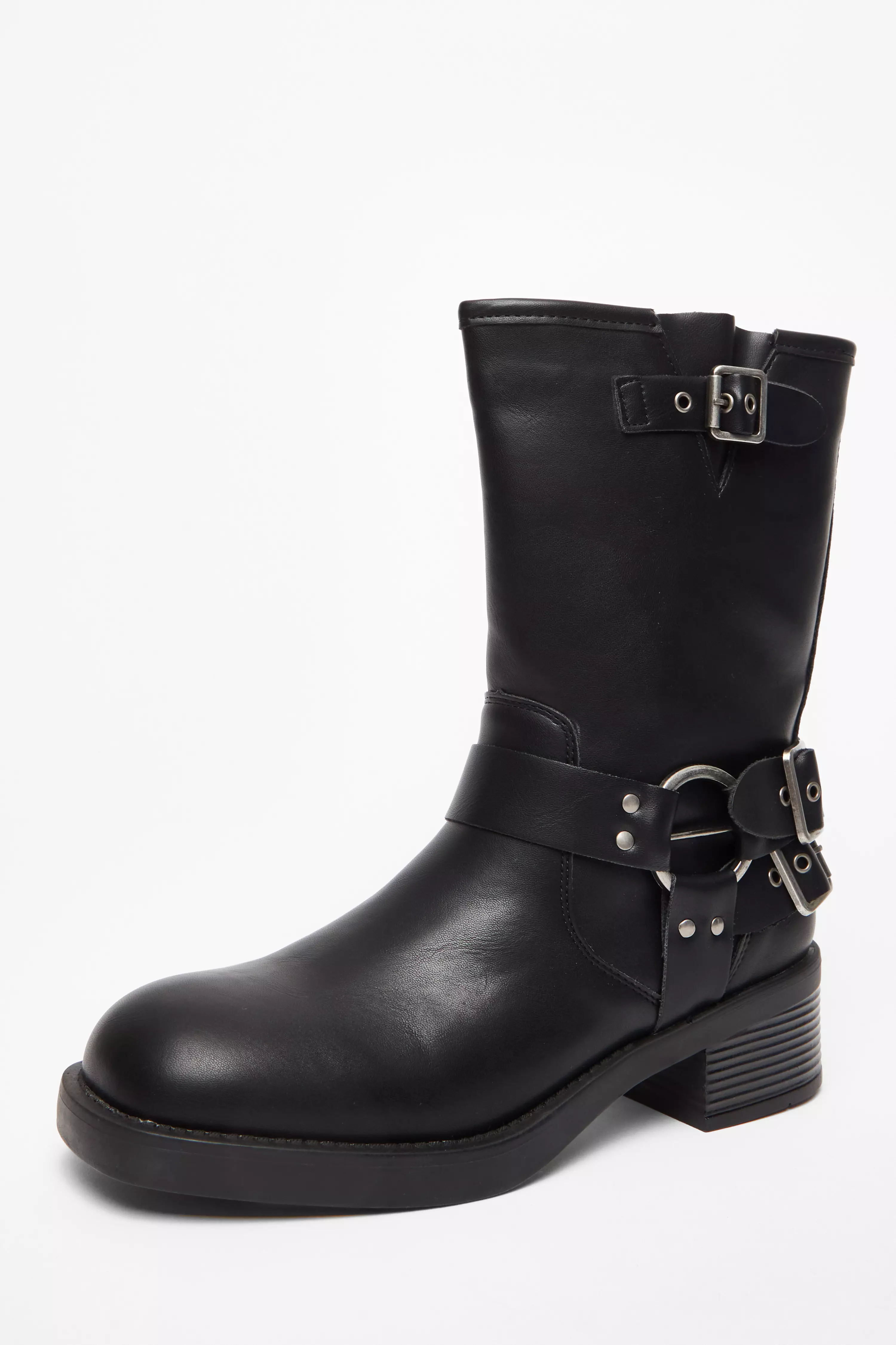 Black Faux Leather Biker Boots