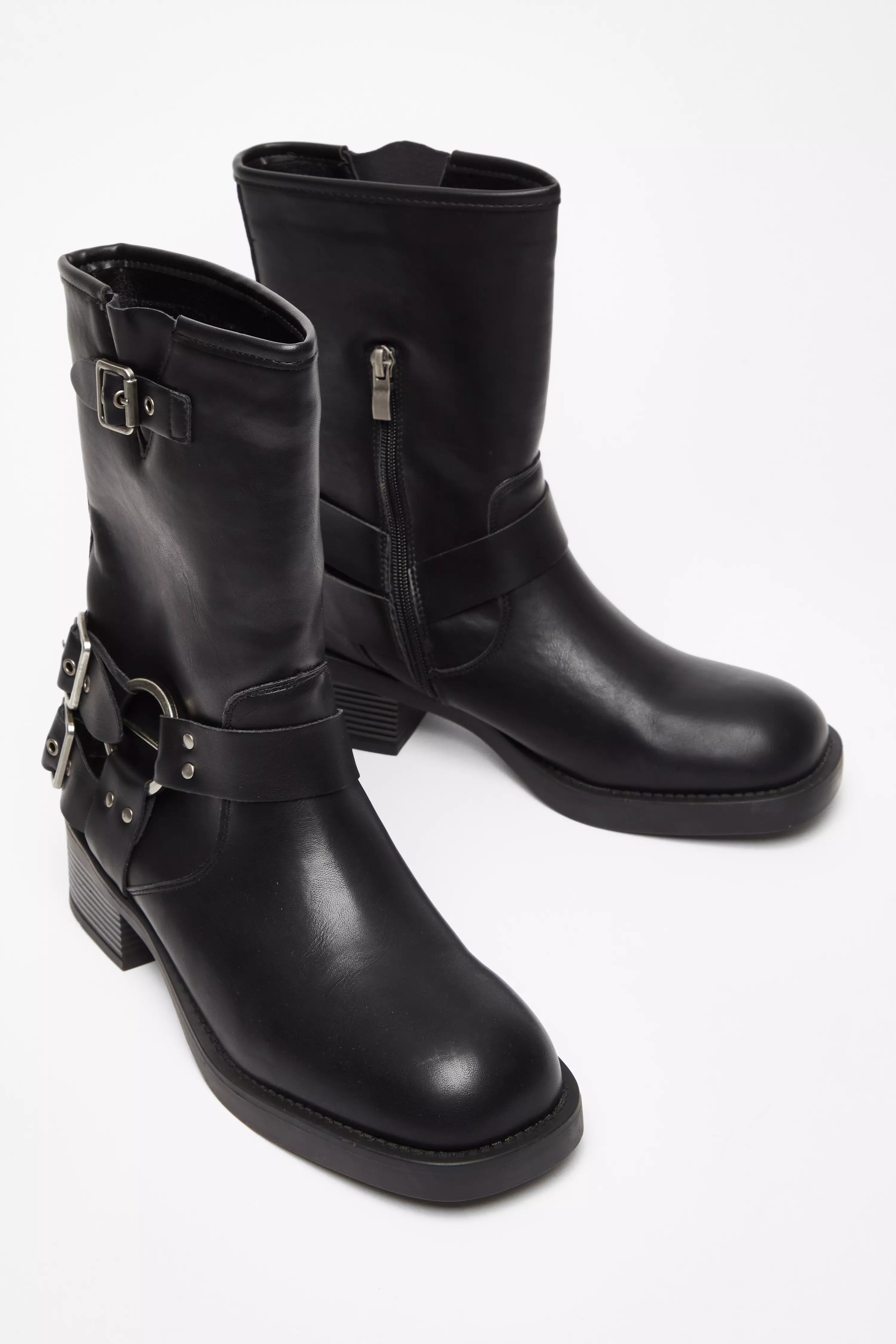 Black Faux Leather Biker Boots