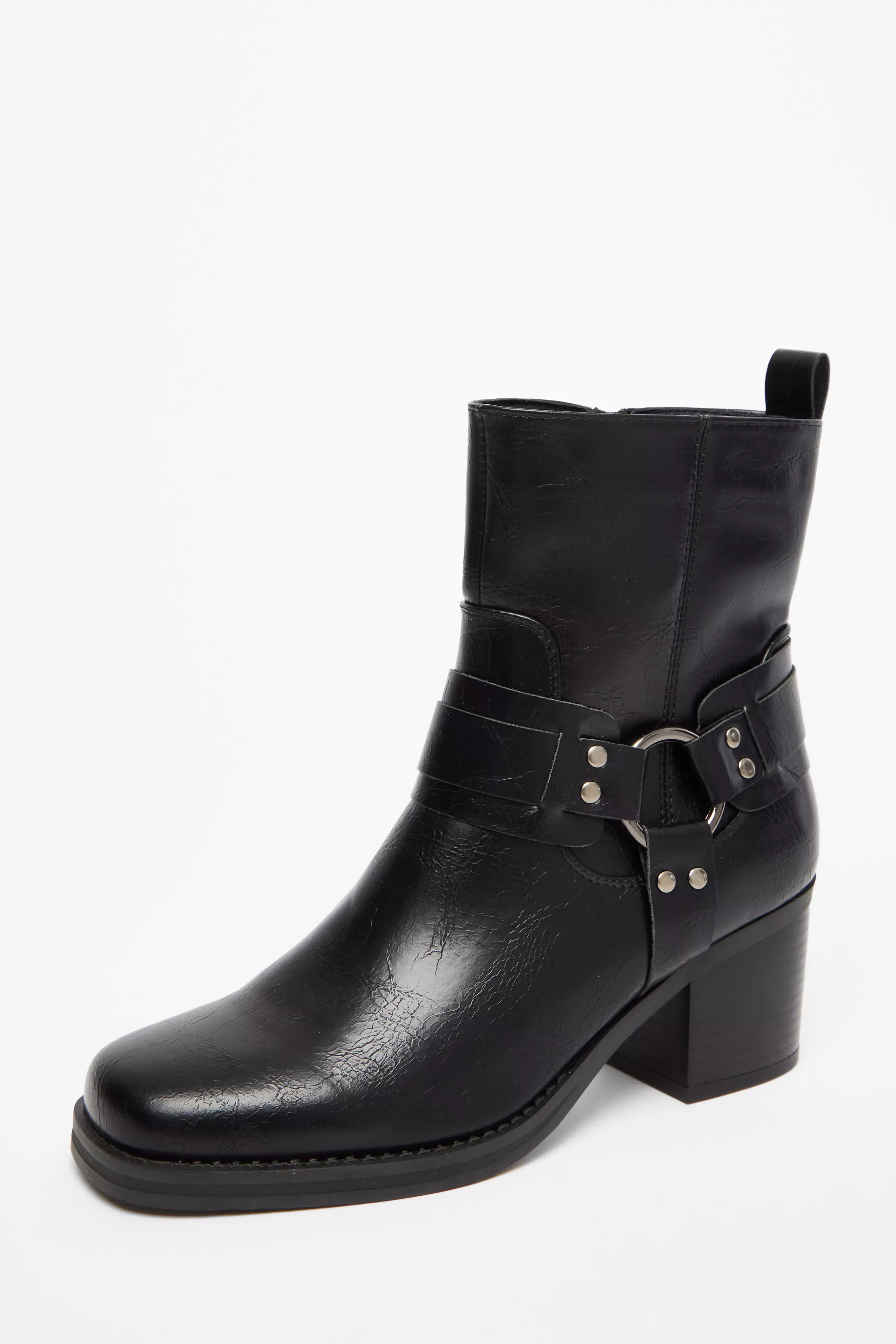 Black Faux Leather Buckle Ankle Boots