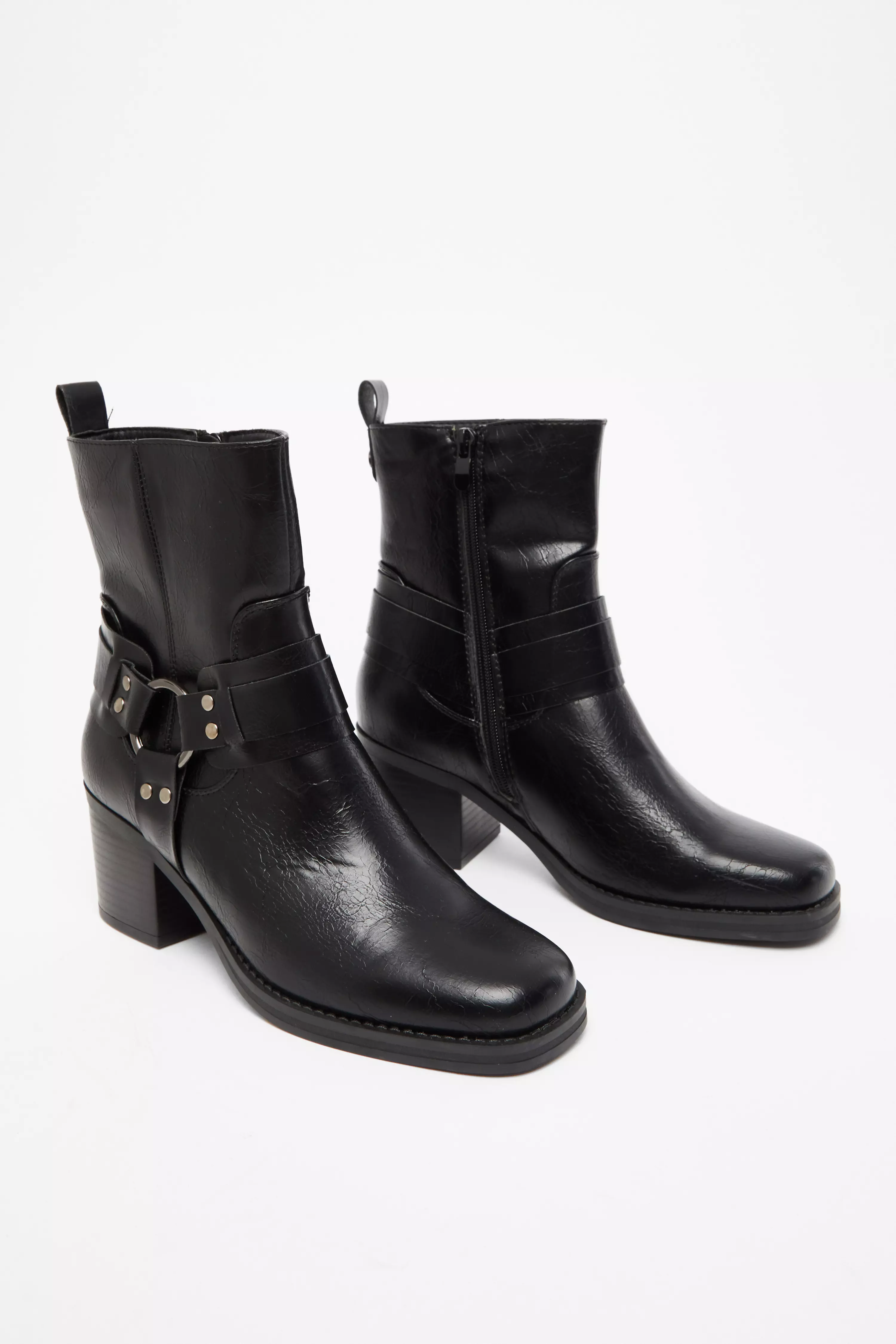 Black Faux Leather Buckle Ankle Boots