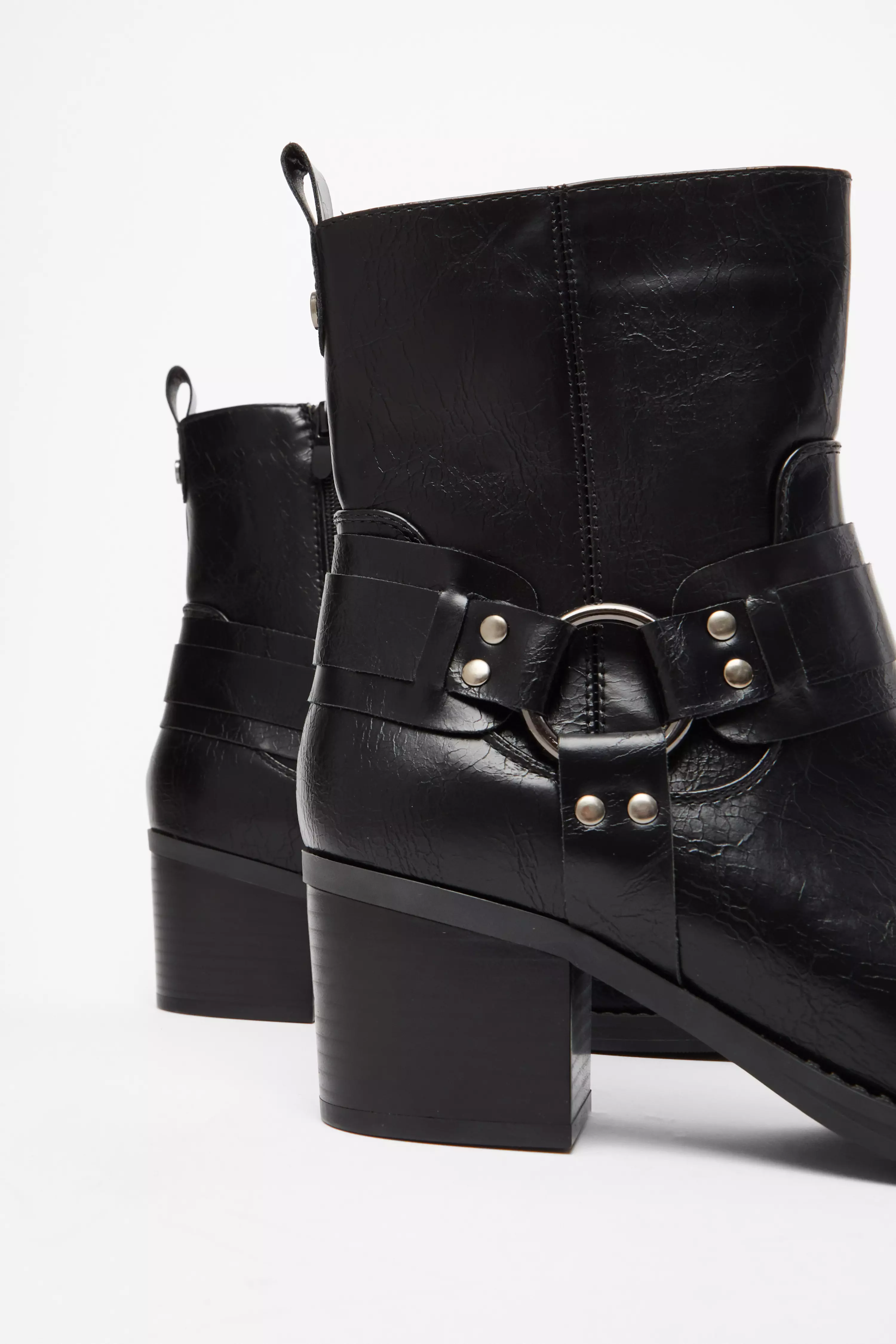 Black Faux Leather Buckle Ankle Boots