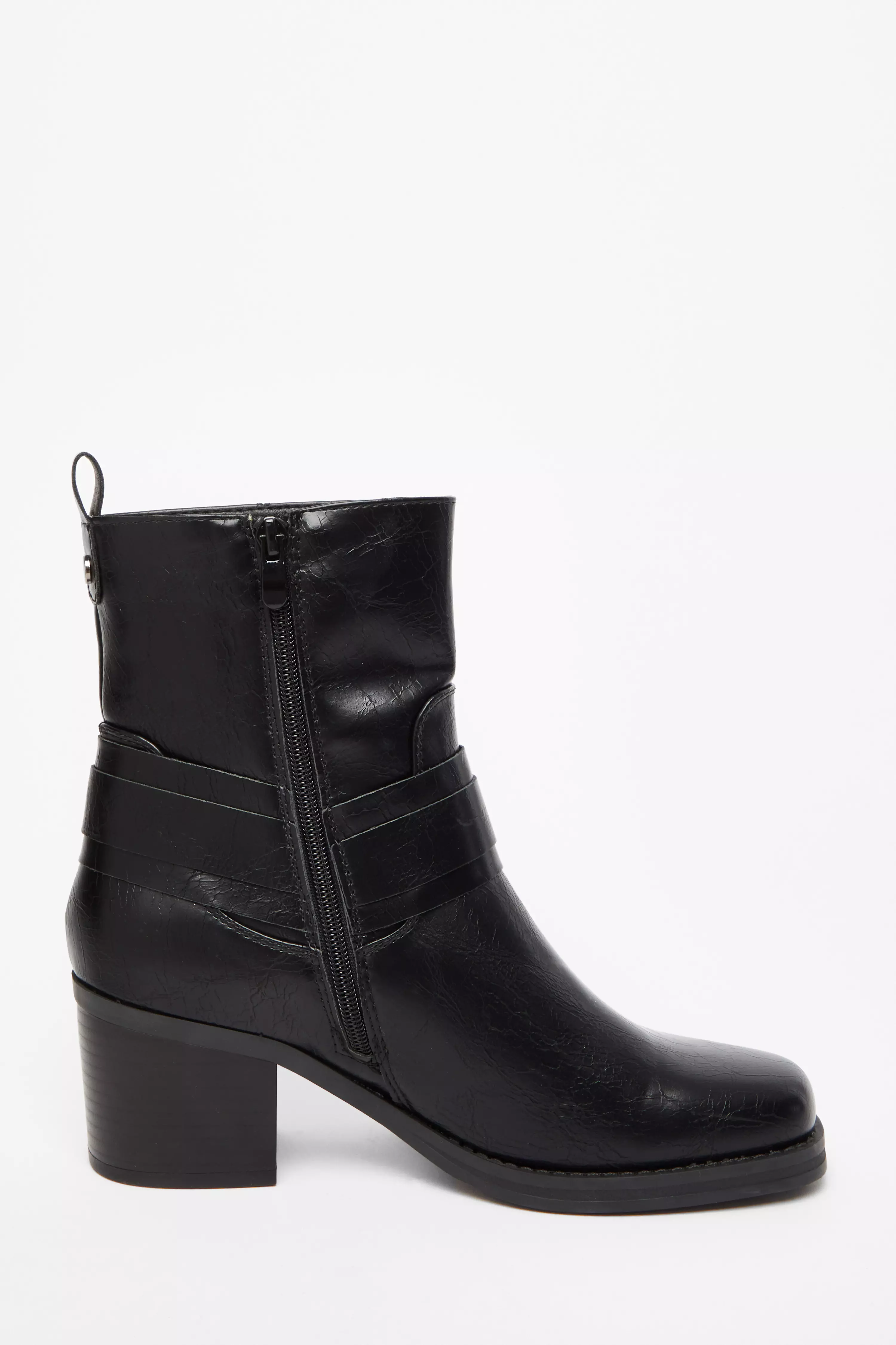 Black Faux Leather Buckle Ankle Boots