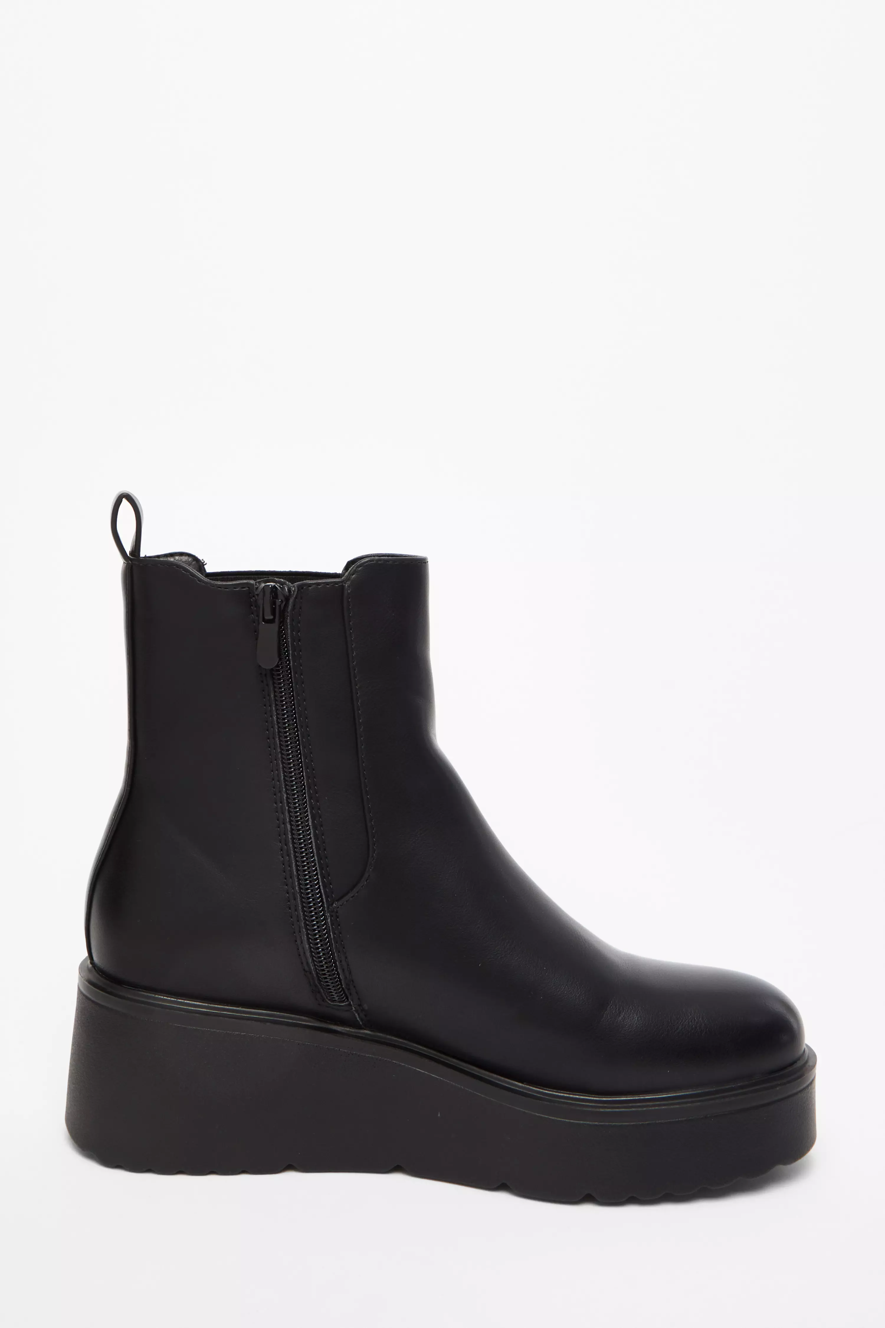 Black Faux Leather Wedged Ankle Boots