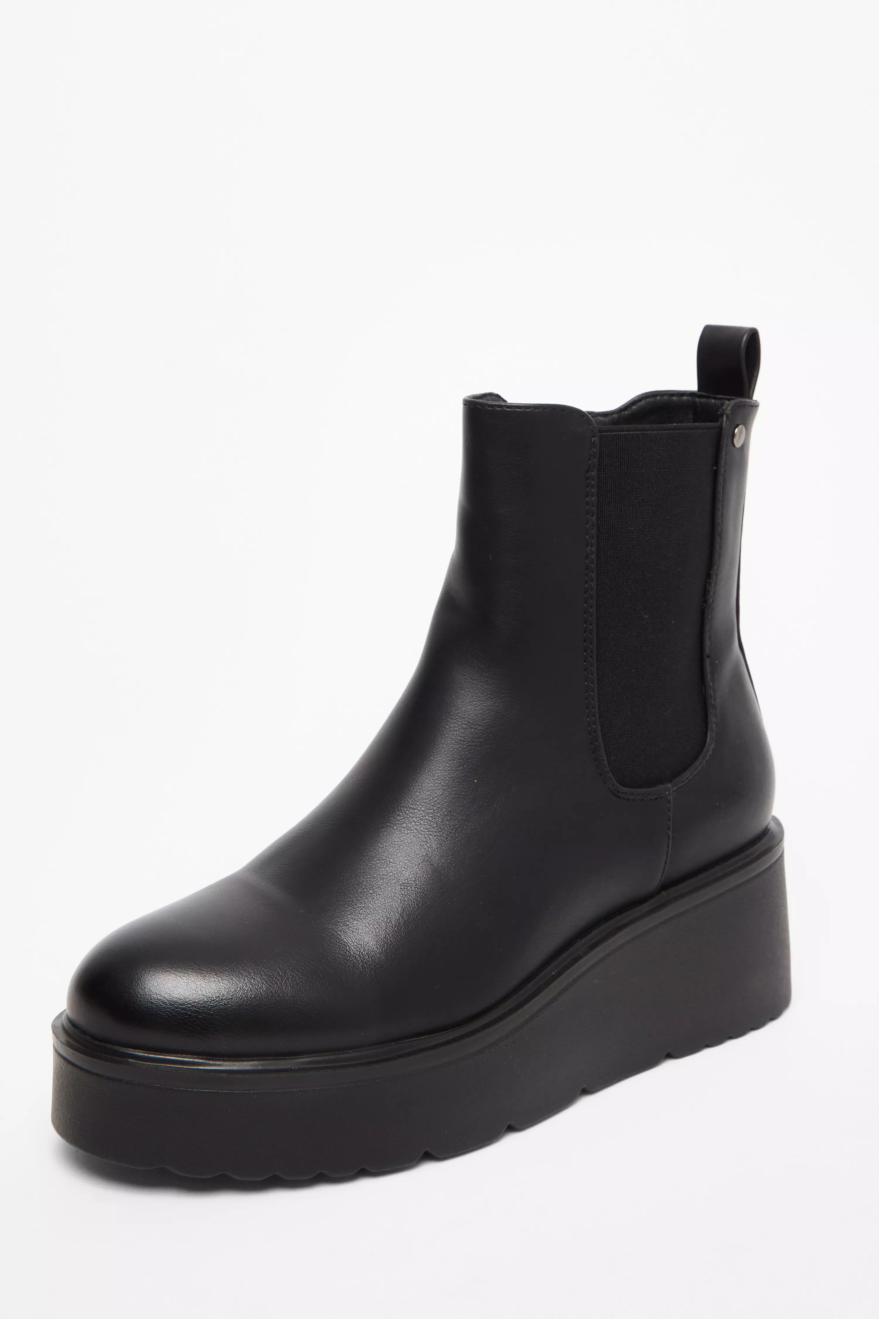 Black Faux Leather Wedged Ankle Boots