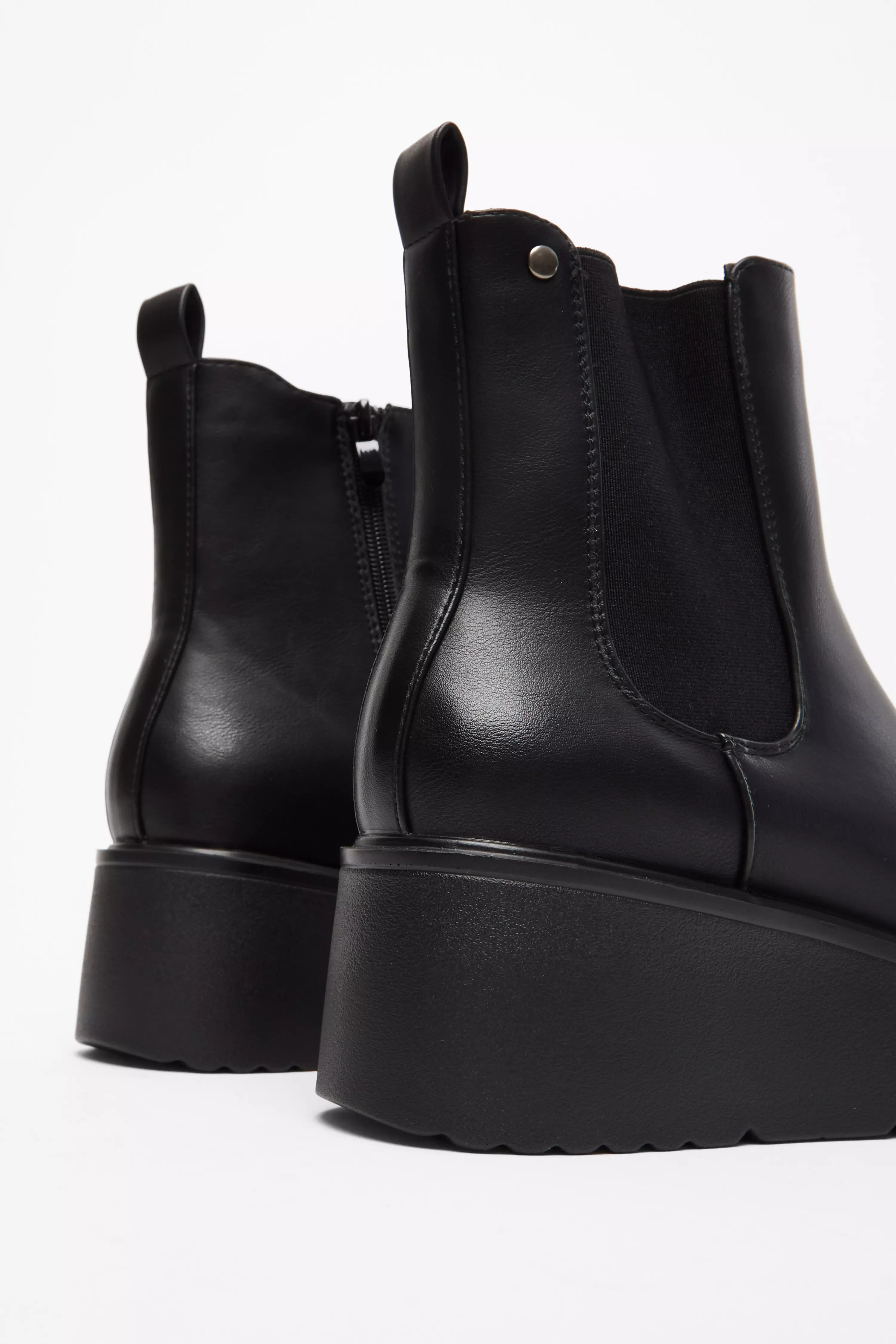 Black Faux Leather Wedged Ankle Boots