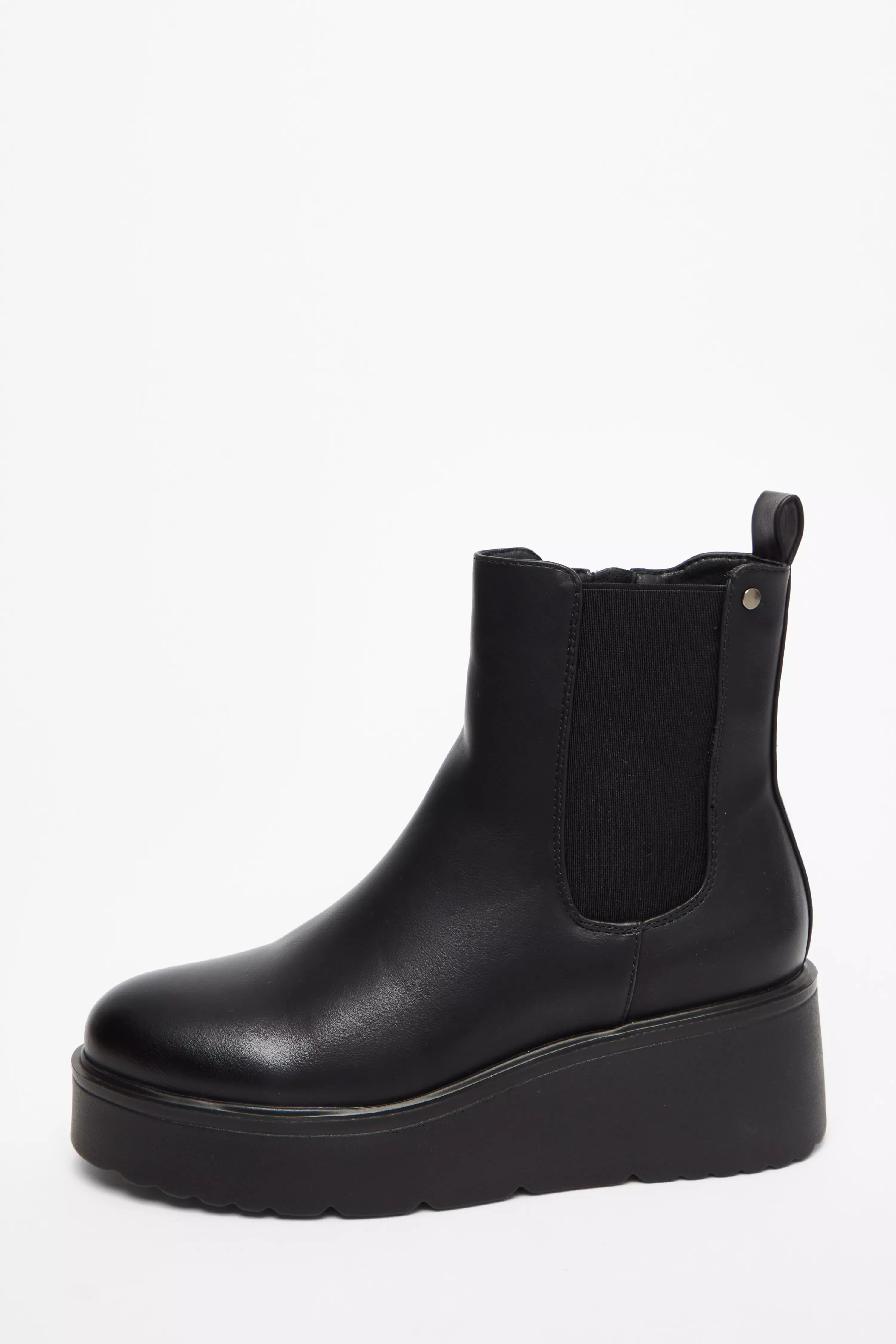 Black Faux Leather Wedged Ankle Boots