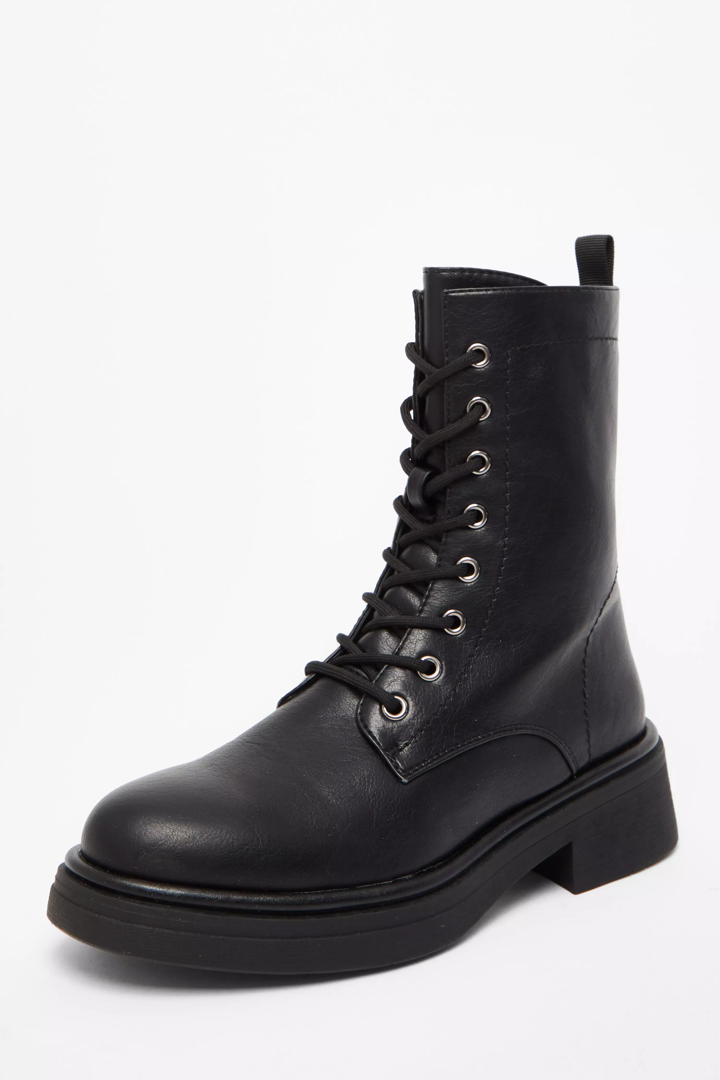 Black Faux Leather Lace Up Ankle Boots