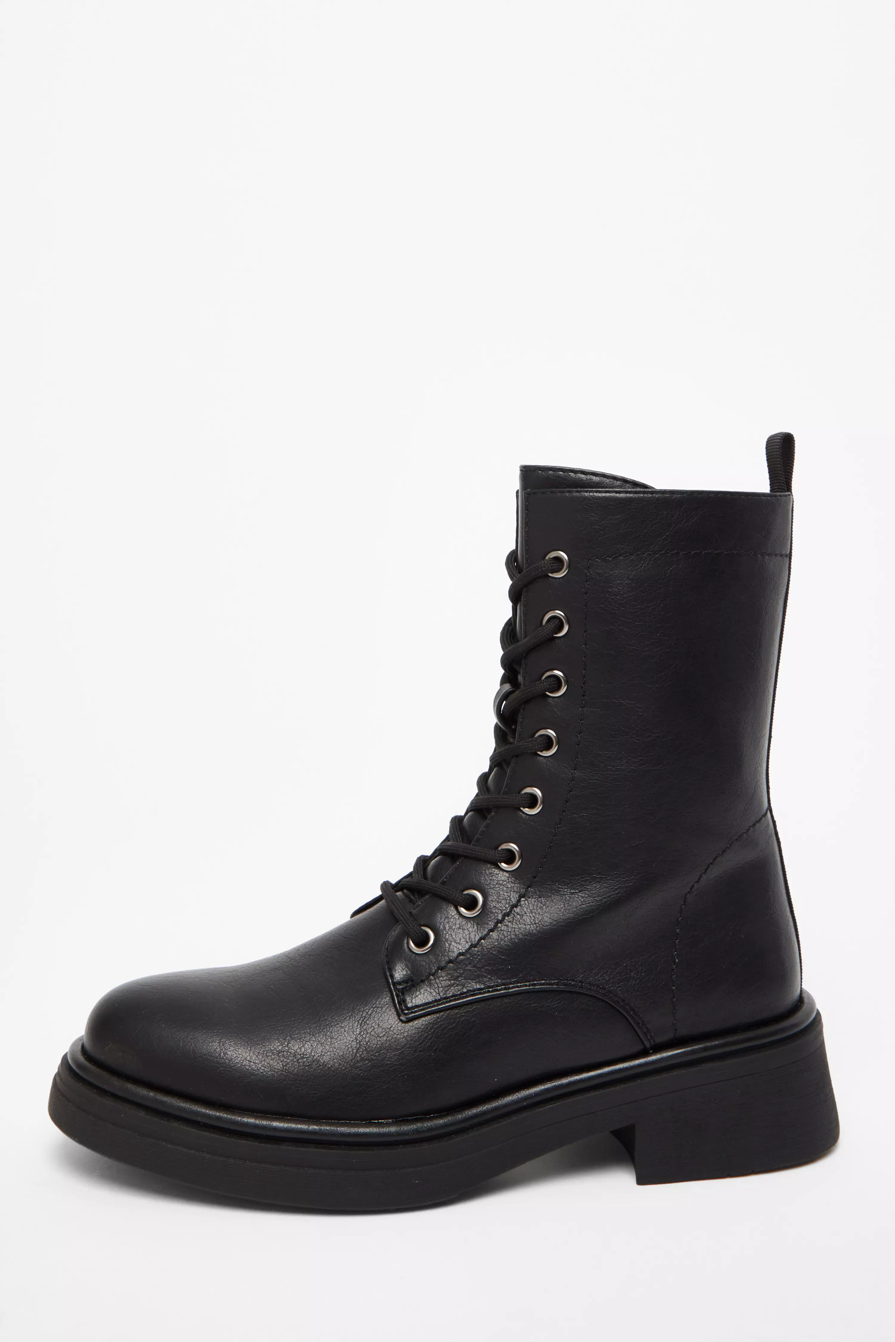 Black Faux Leather Lace Up Ankle Boots