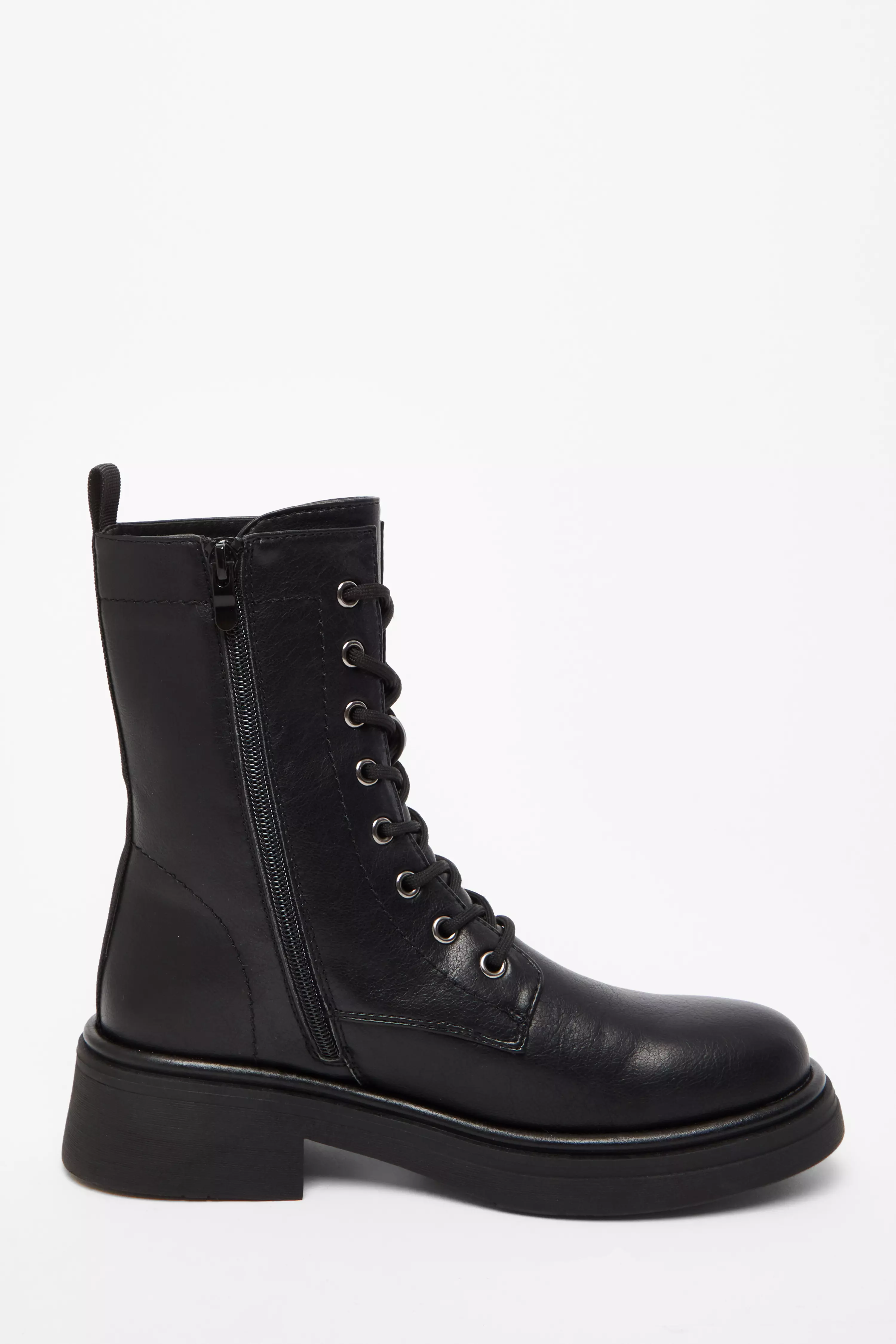 Black Faux Leather Lace Up Ankle Boots