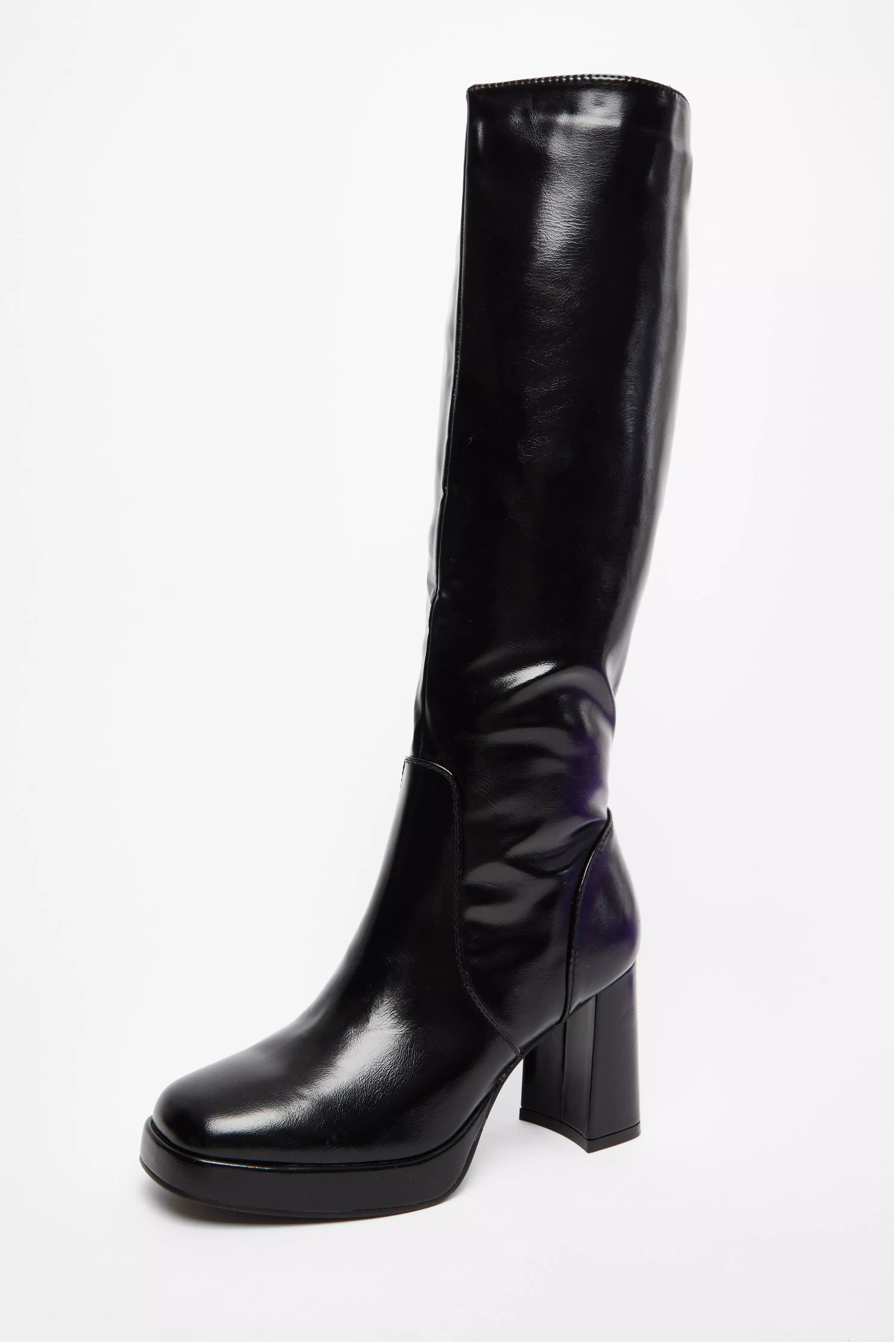 Black Faux Leather Knee High Boots