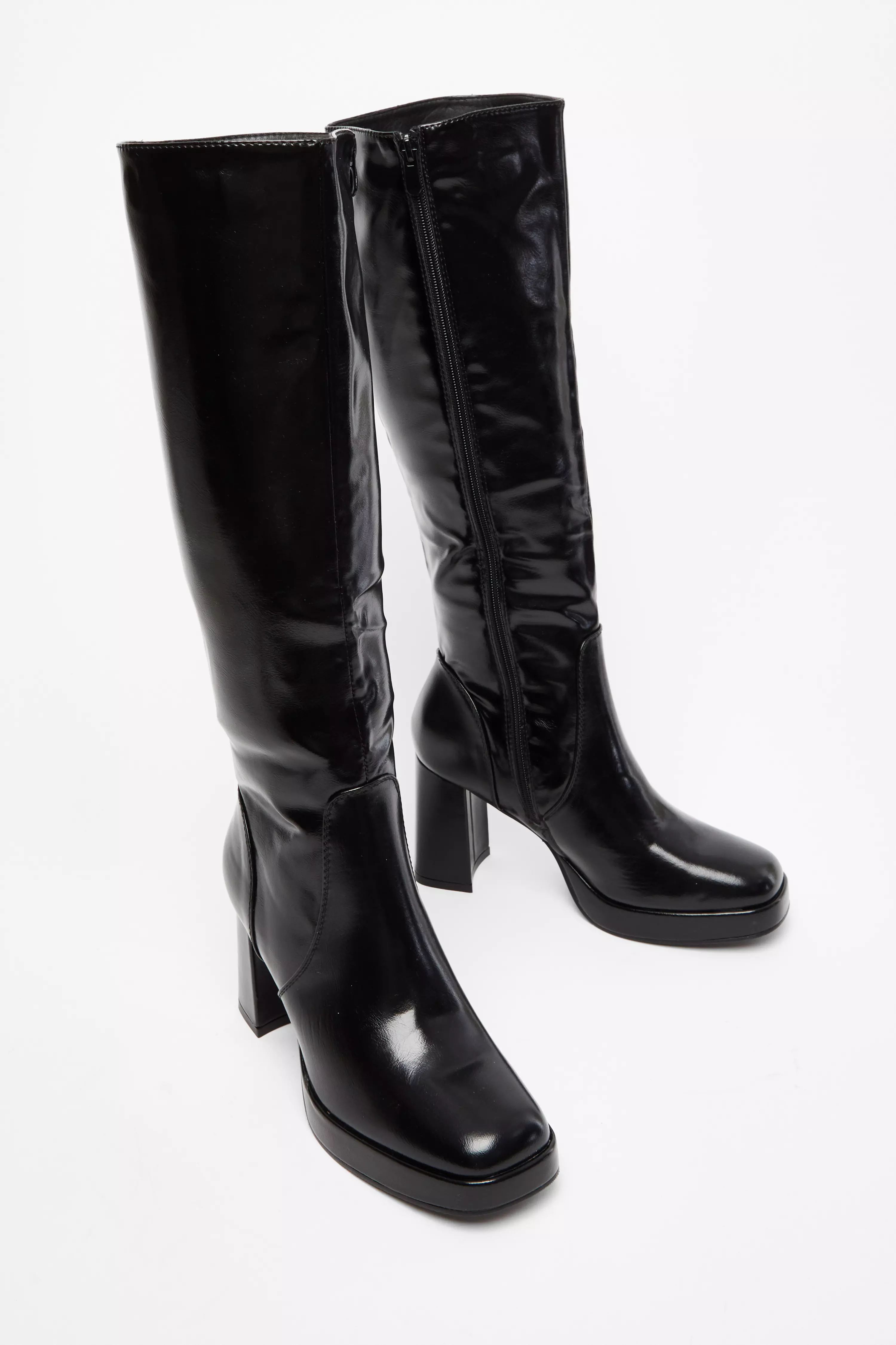 Black Faux Leather Knee High Boots